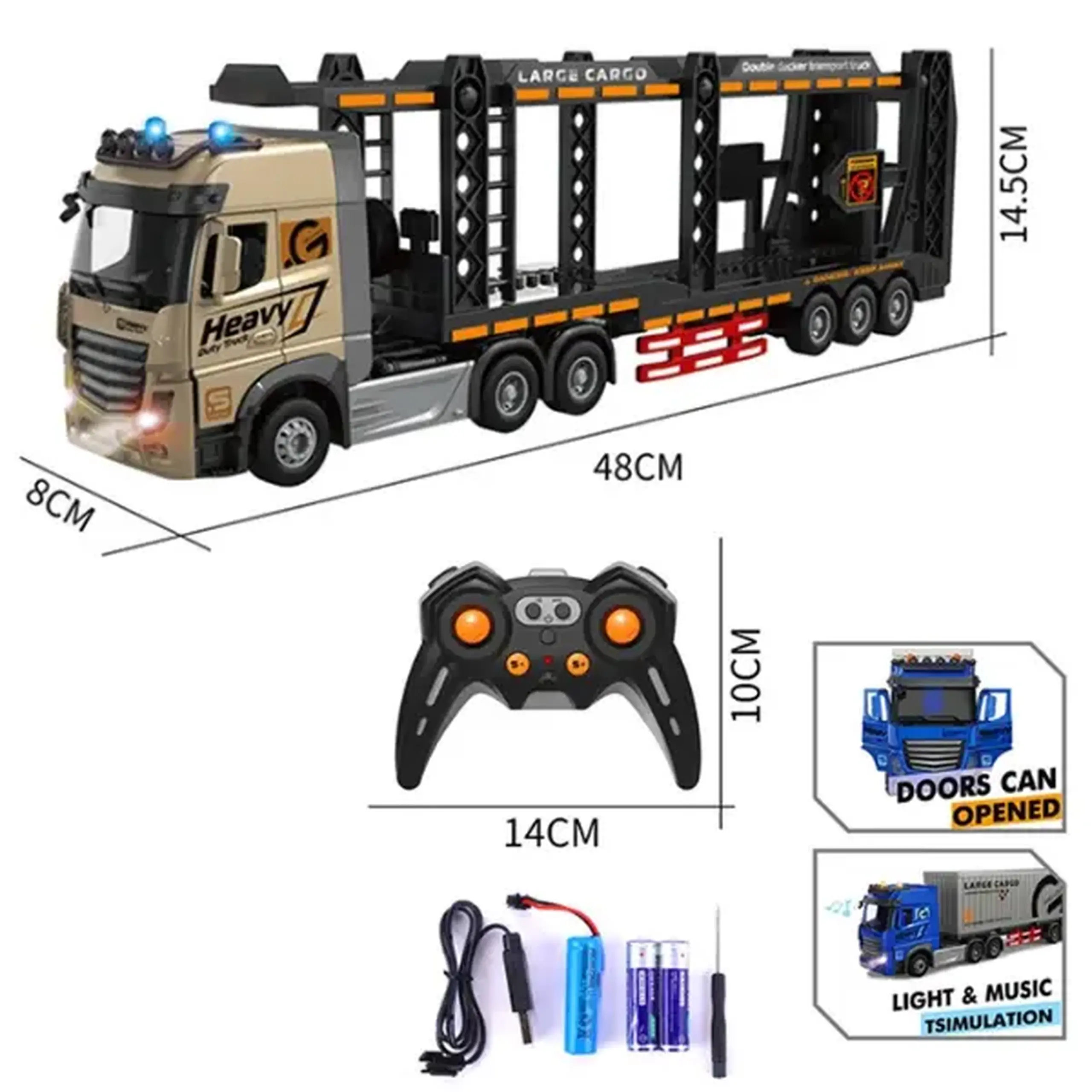 Camion transportator auto cu telecomandă 1:24, cu efecte luminoase și sonore