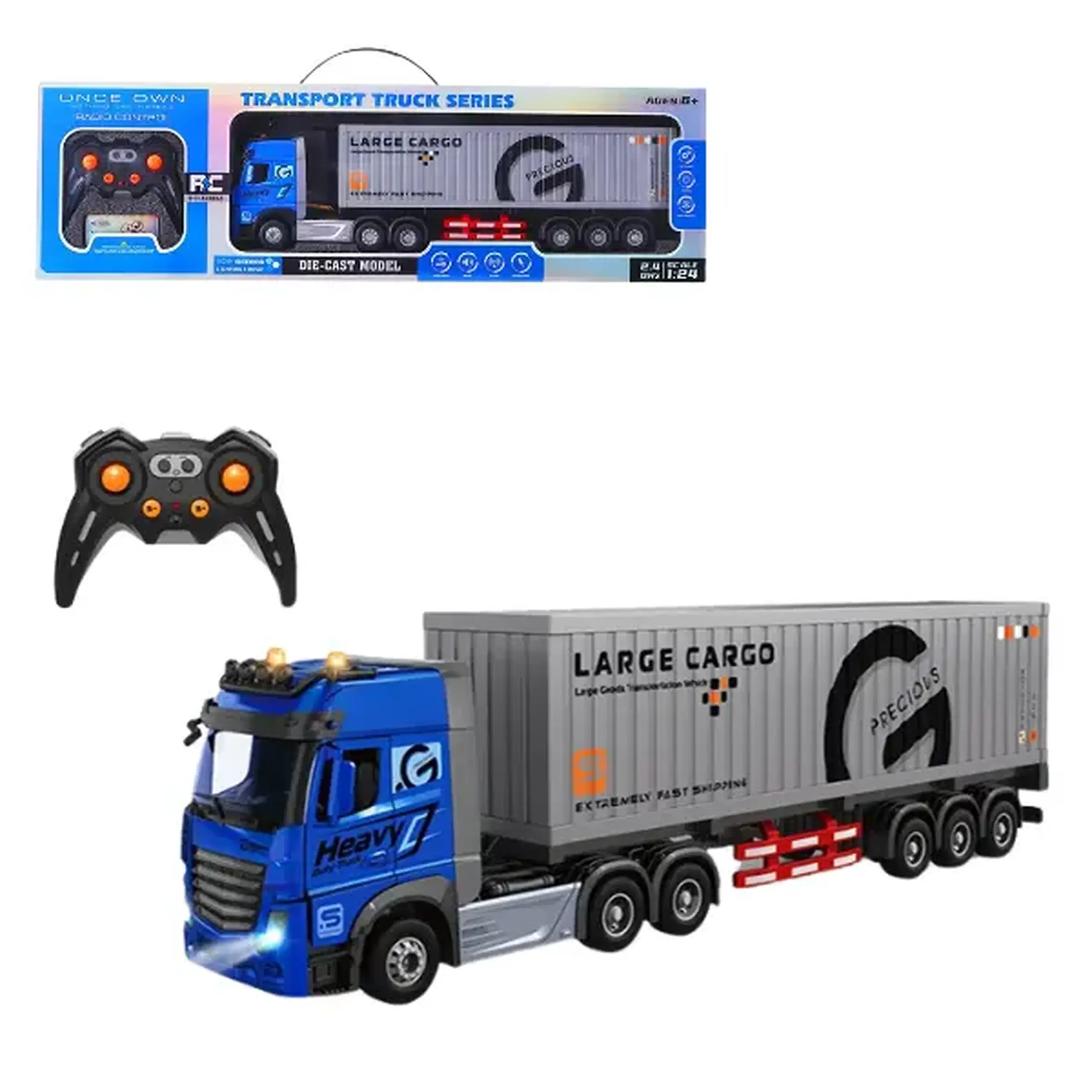 Camion cu telecomandă și container 1:24, cu efecte luminoase și sonore