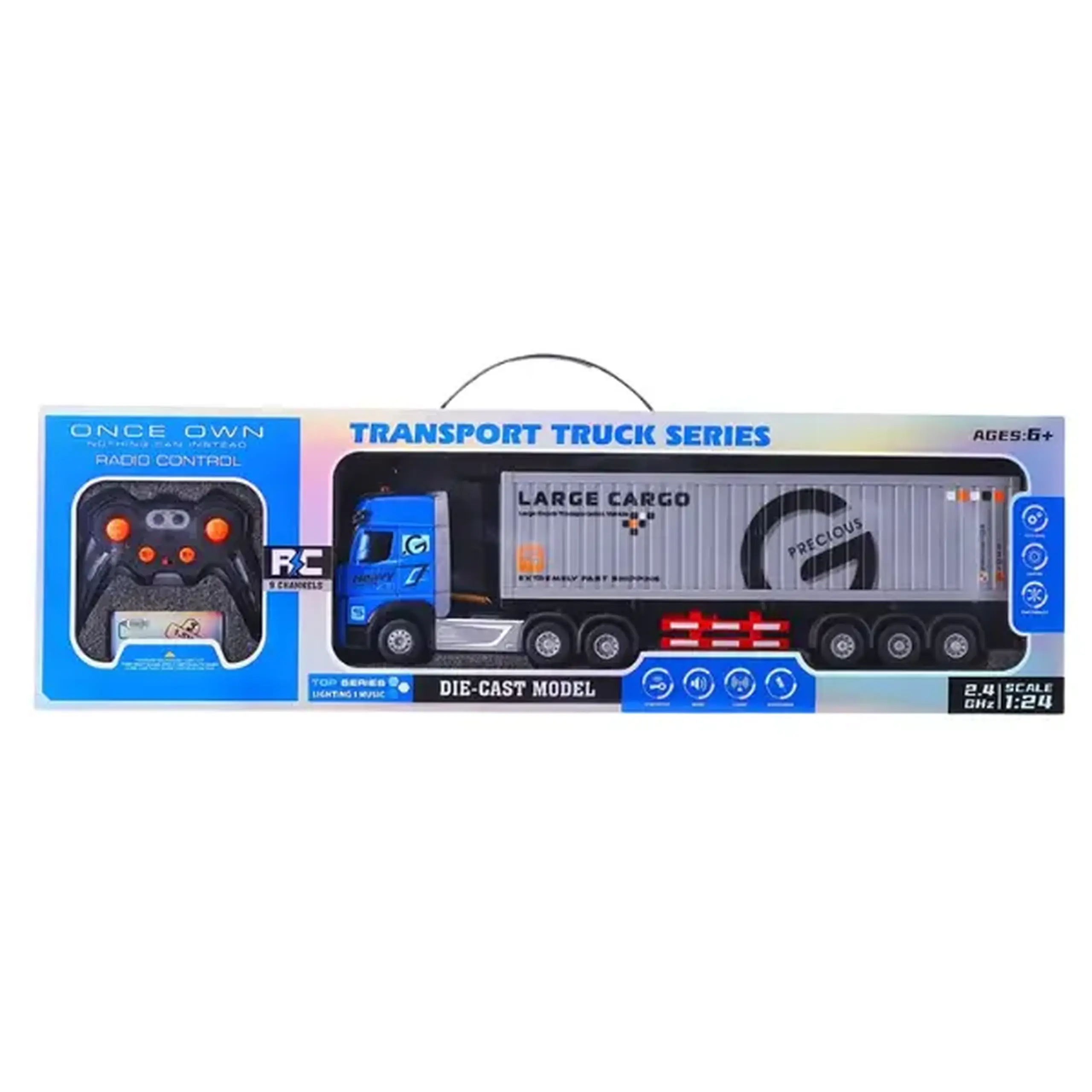 Camion cu telecomandă și container 1:24, cu efecte luminoase și sonore