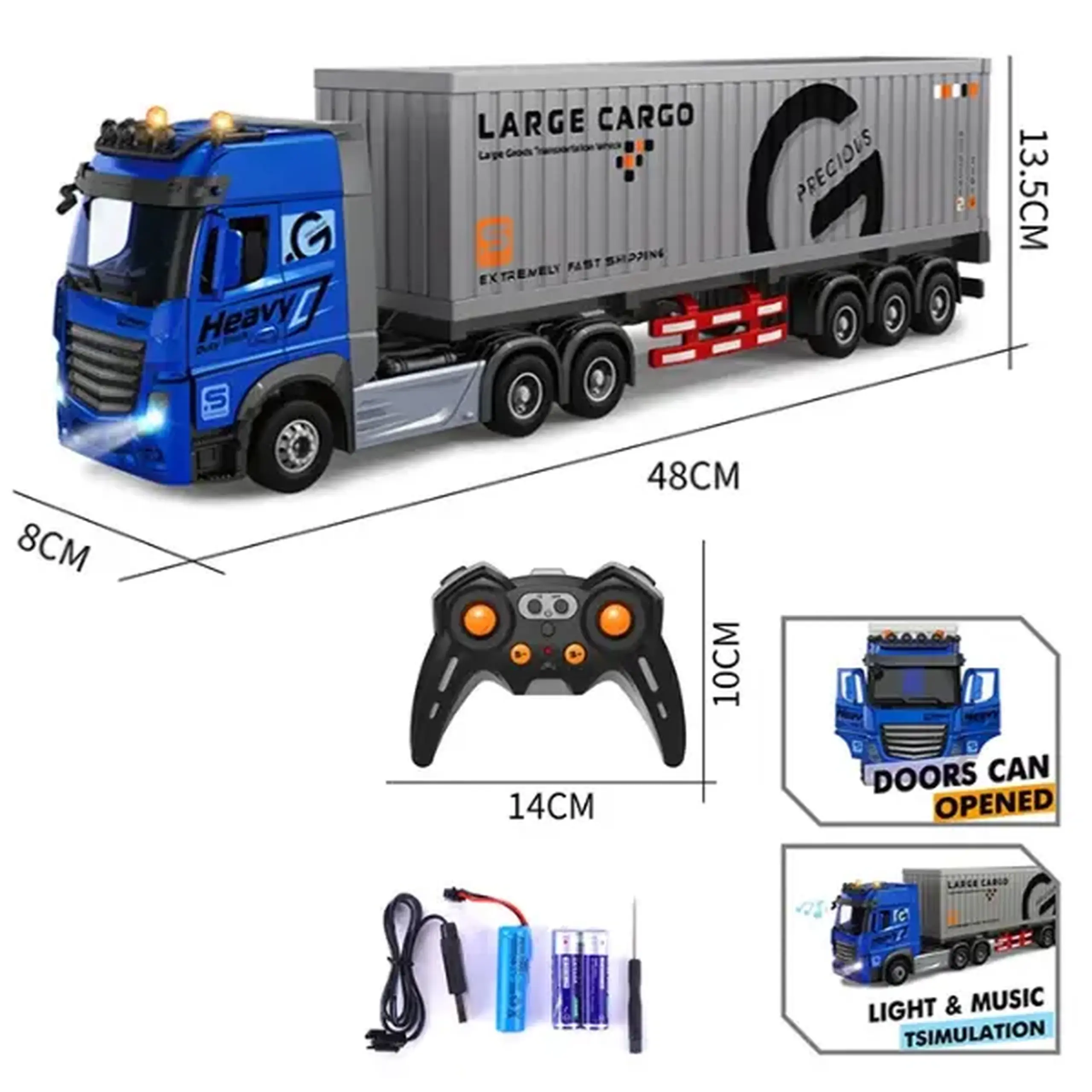 Camion cu telecomandă și container 1:24, cu efecte luminoase și sonore