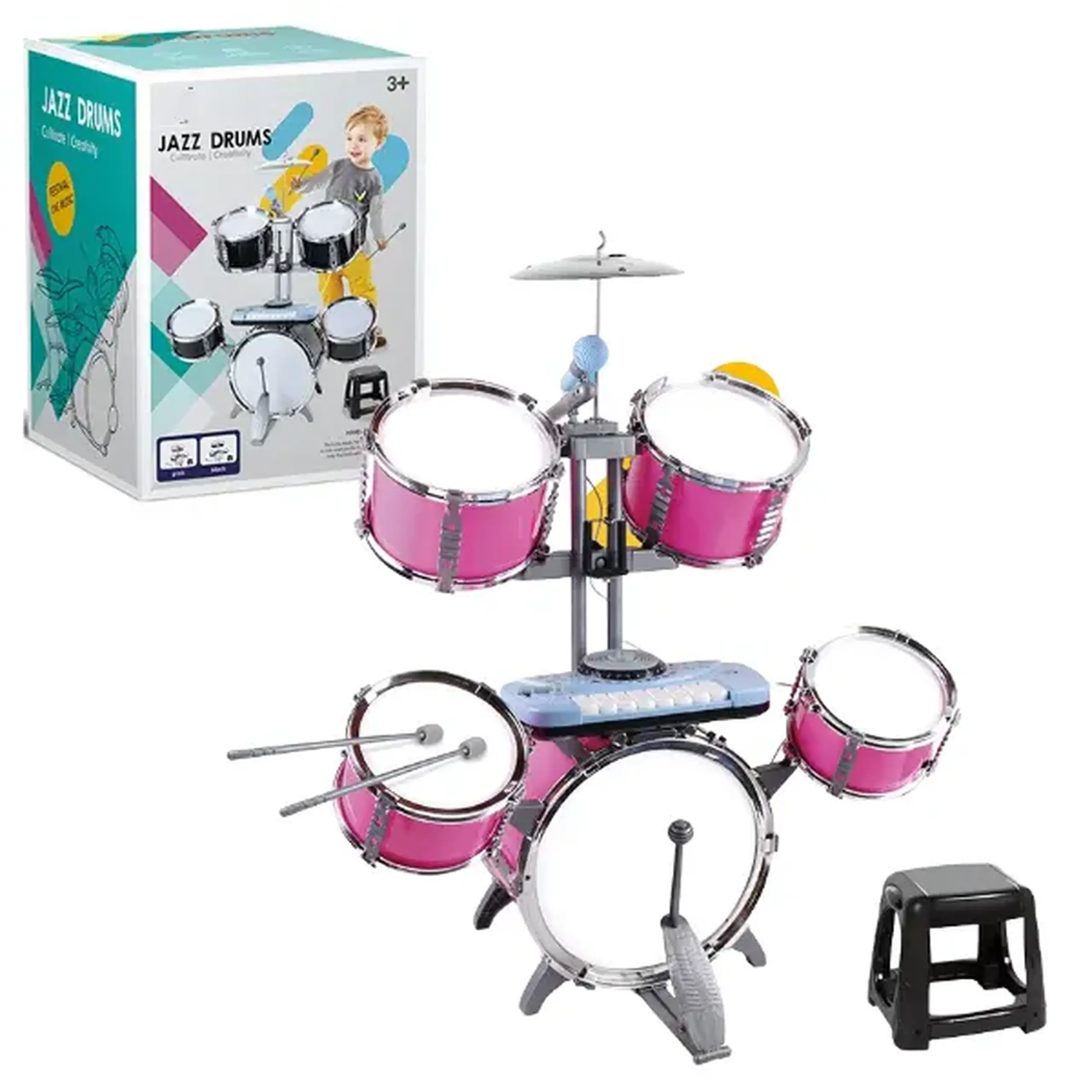 Set de tobe pentru copii Jazz Drums cu sintetizator și scăunel, 80 cm