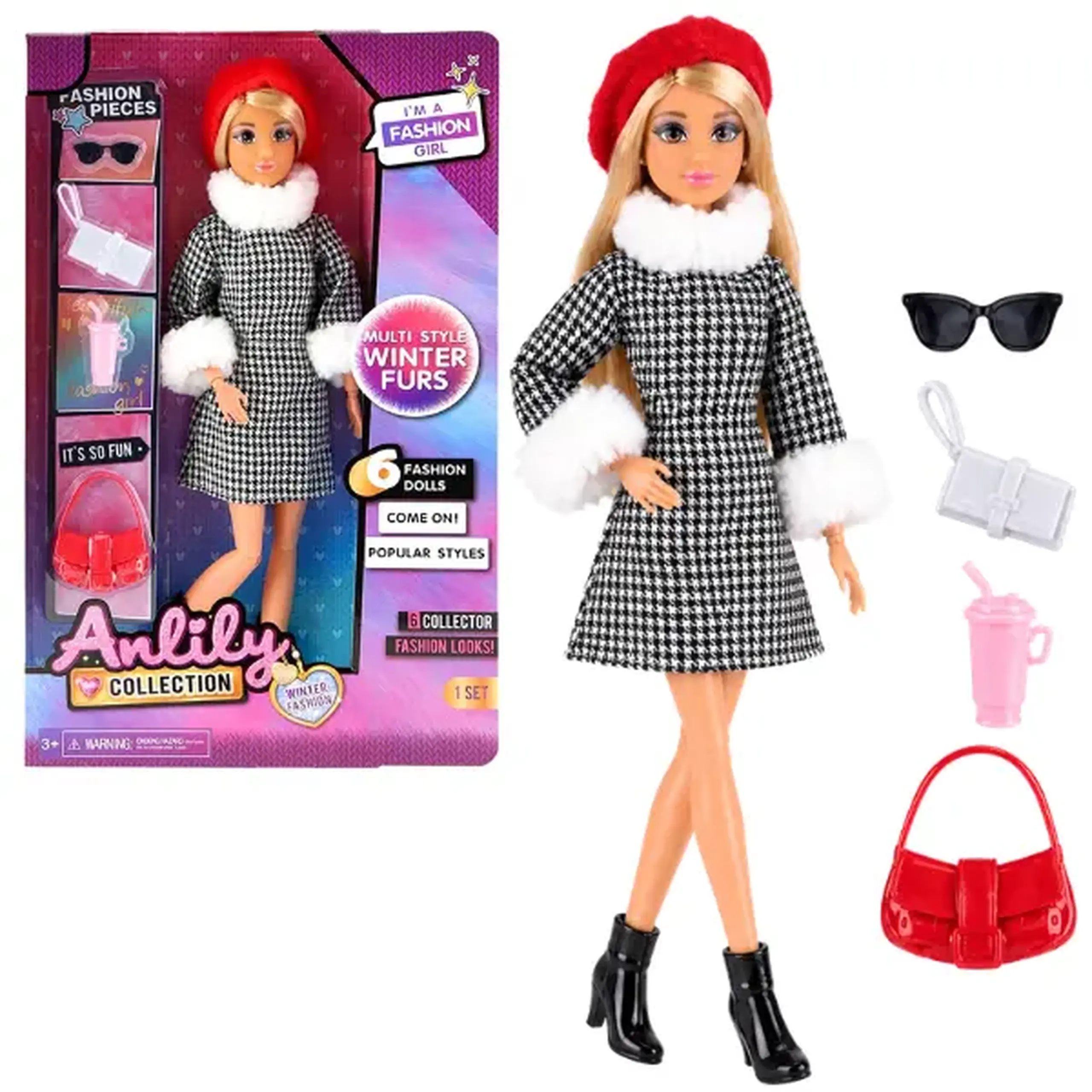 Păpușă „Fashionistă de iarnă” în ținută călduroasă cu accesorii, 29 cm