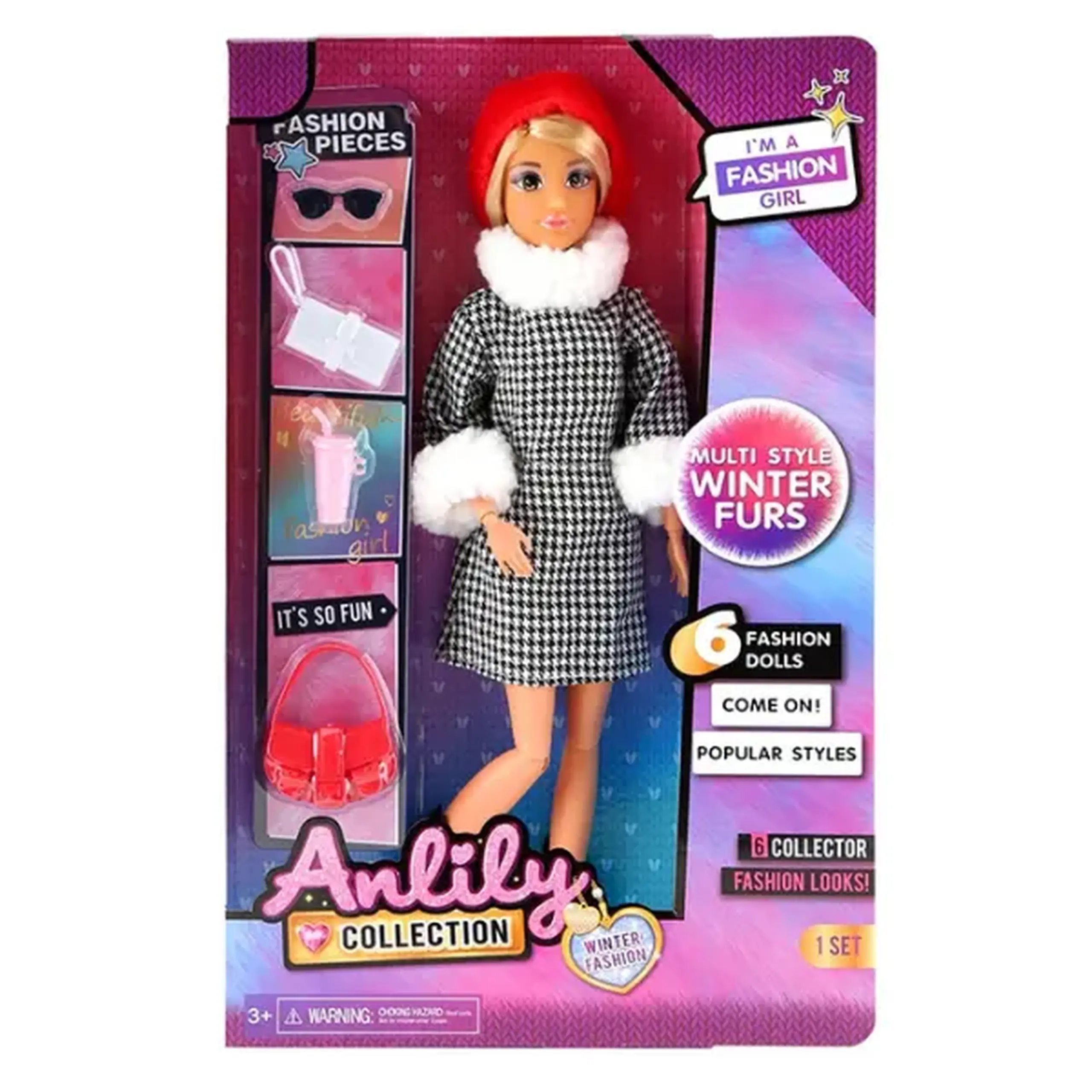 Păpușă „Fashionistă de iarnă” în ținută călduroasă cu accesorii, 29 cm