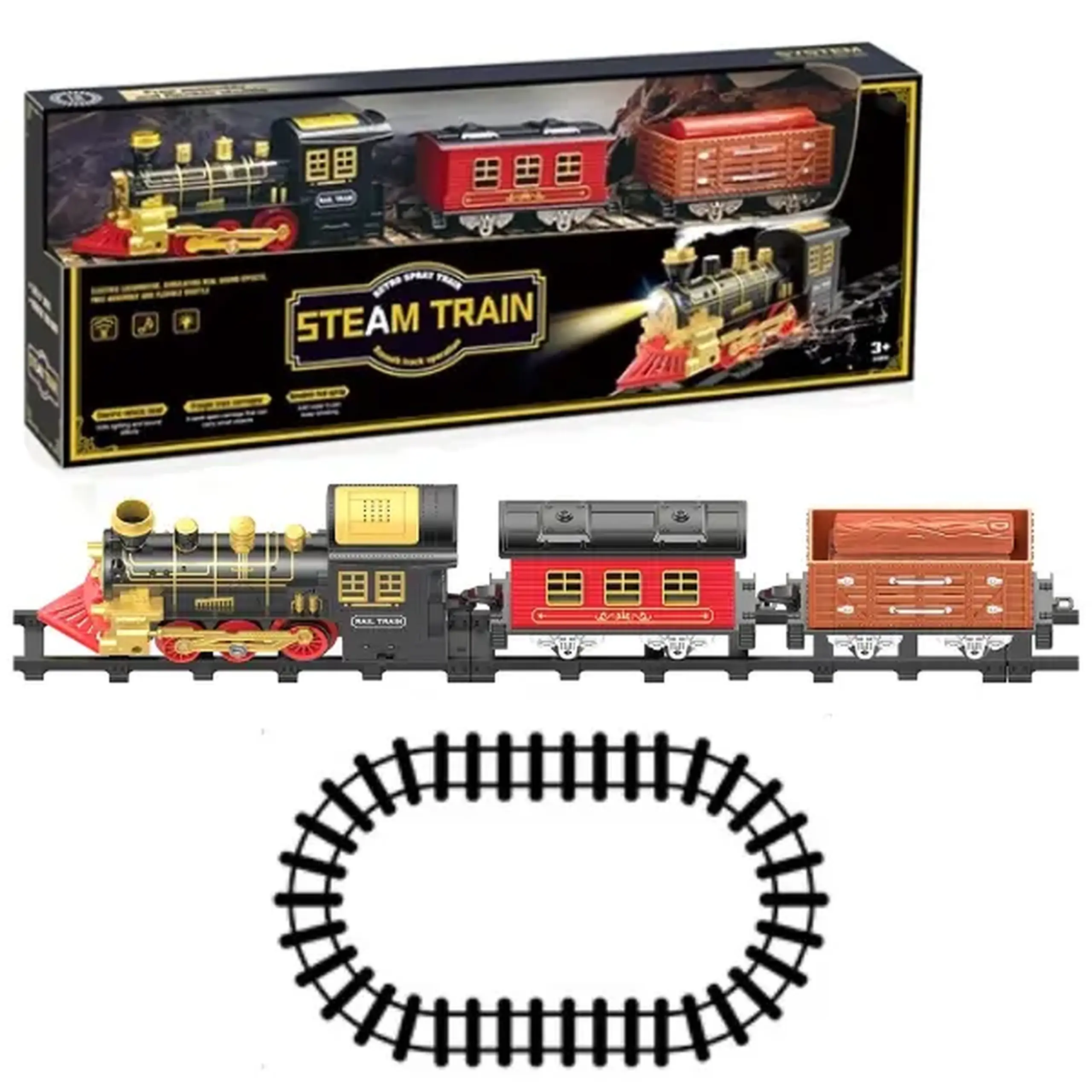 Cale ferată pentru copii „Steam Train” cu vagon de pasageri și vagon de marfă, efecte luminoase și sonore