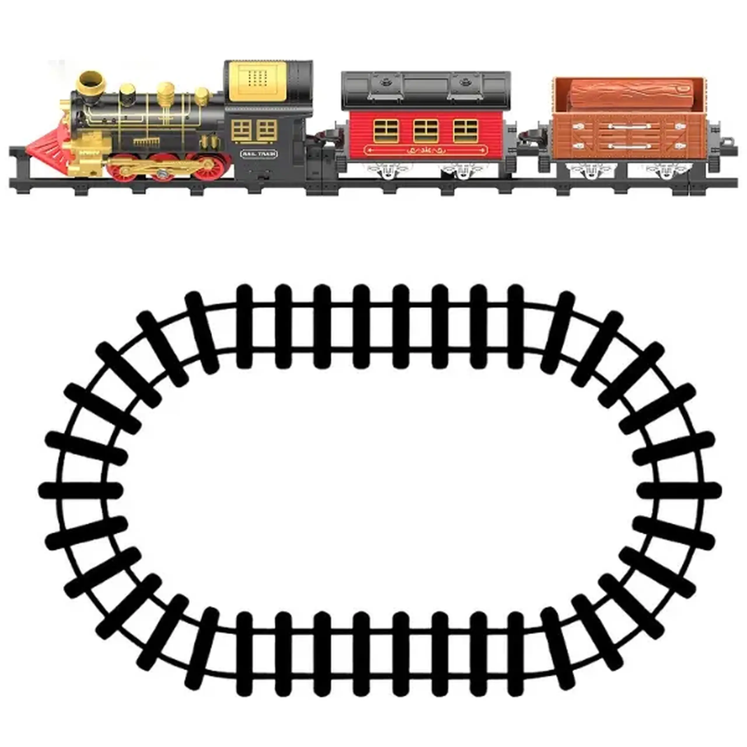 Cale ferată pentru copii „Steam Train” cu vagon de pasageri și vagon de marfă, efecte luminoase și sonore