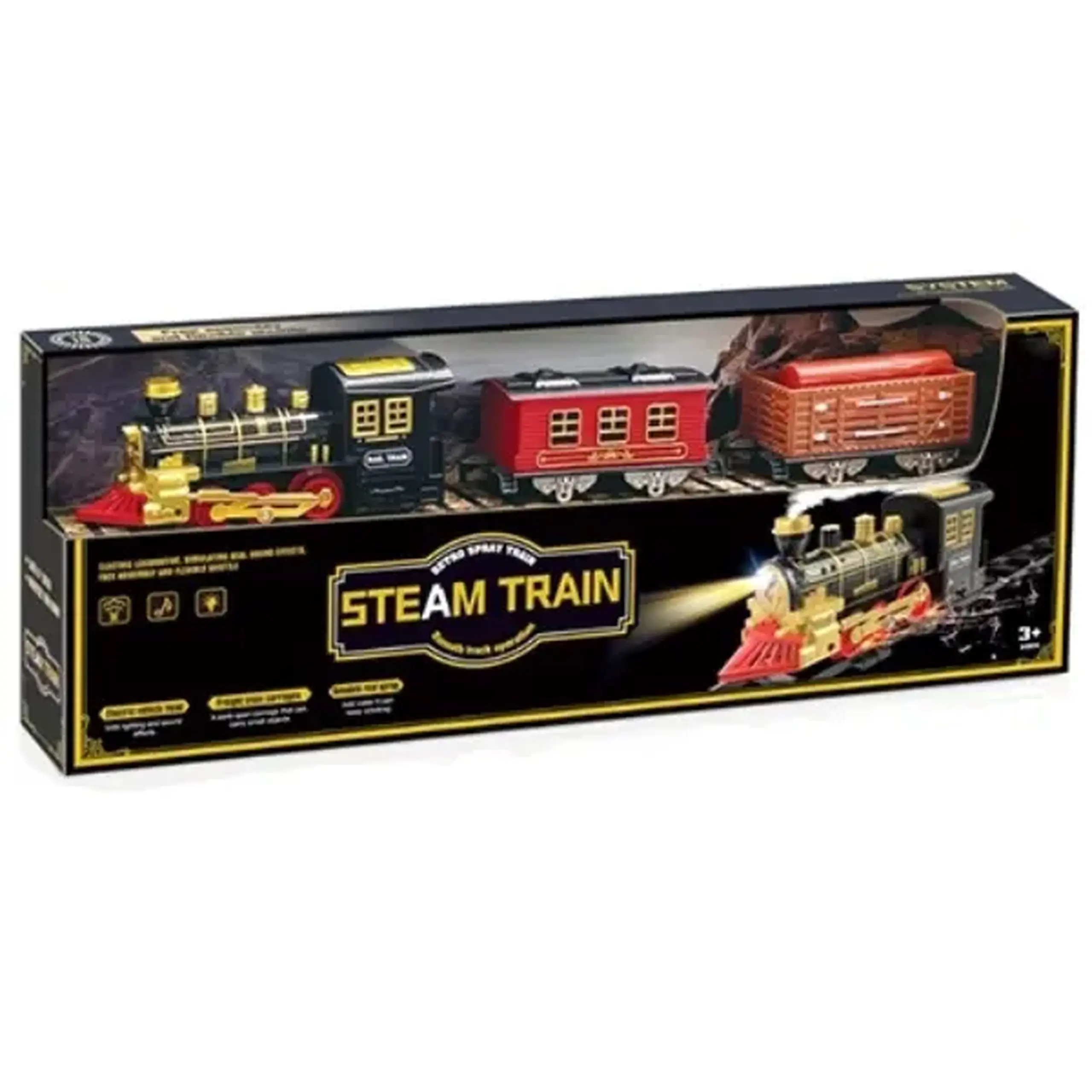 Cale ferată pentru copii „Steam Train” cu vagon de pasageri și vagon de marfă, efecte luminoase și sonore