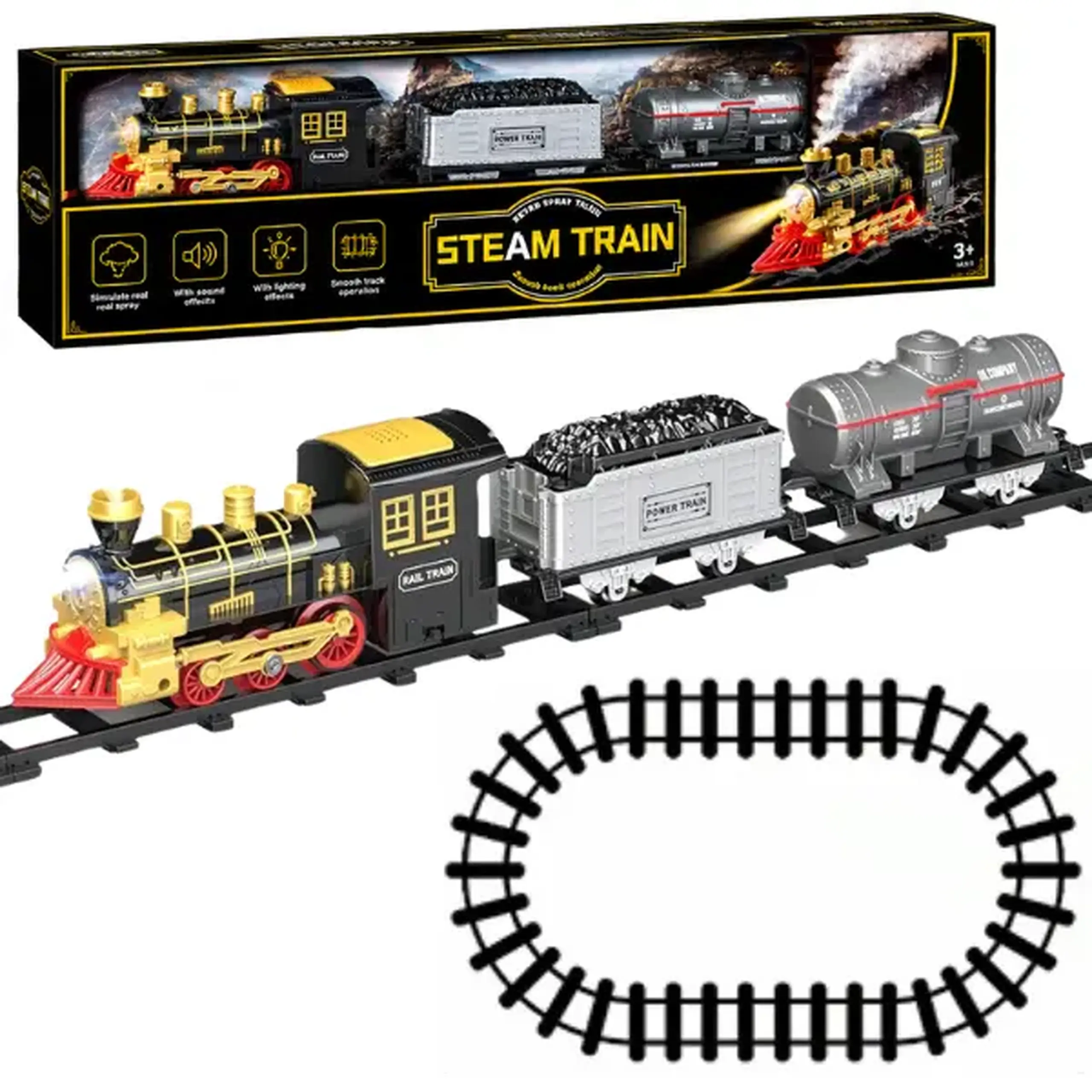 Cale ferată pentru copii „Steam Train” cu vagon pentru cărbune și cisternă, efecte luminoase și sonore