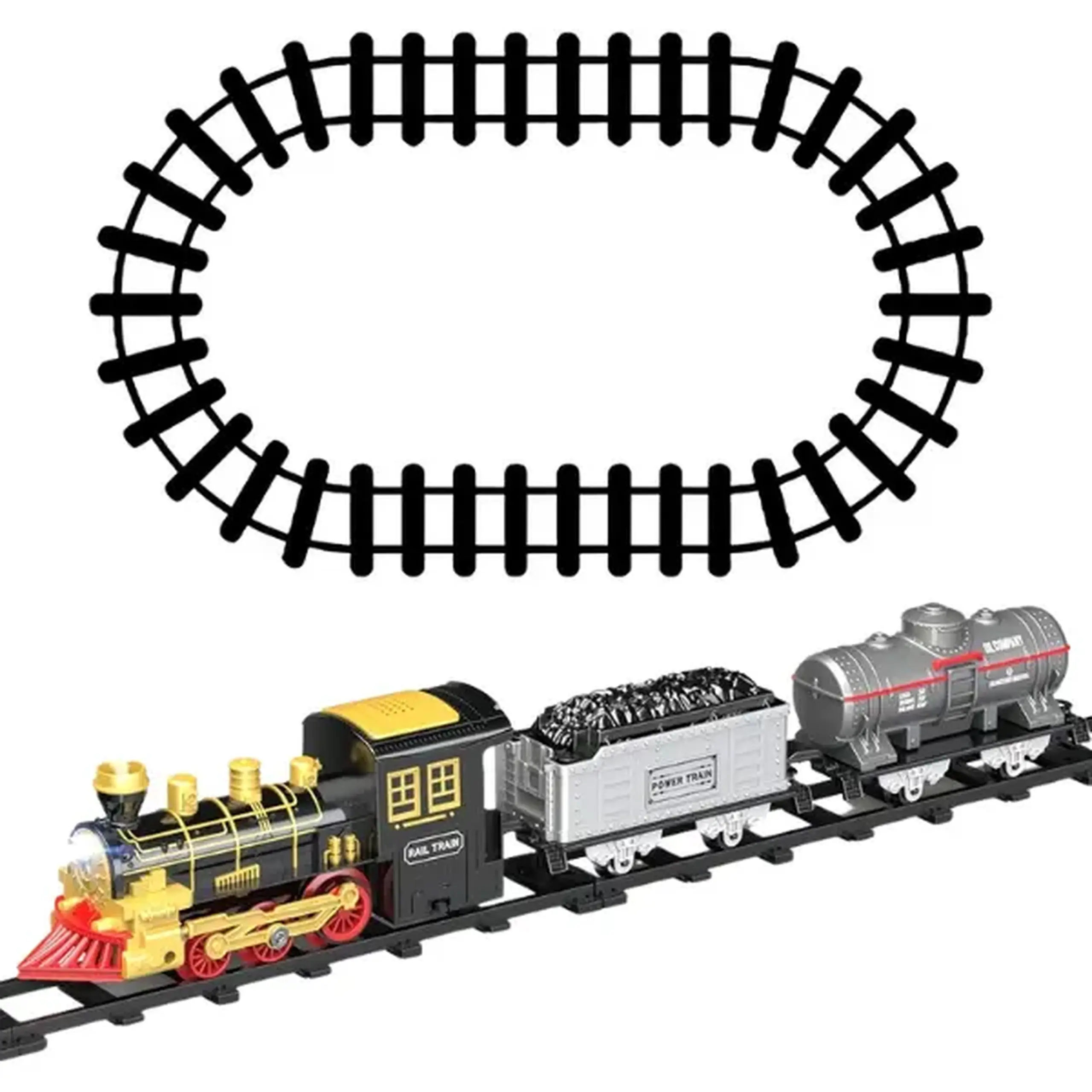 Cale ferată pentru copii „Steam Train” cu vagon pentru cărbune și cisternă, efecte luminoase și sonore