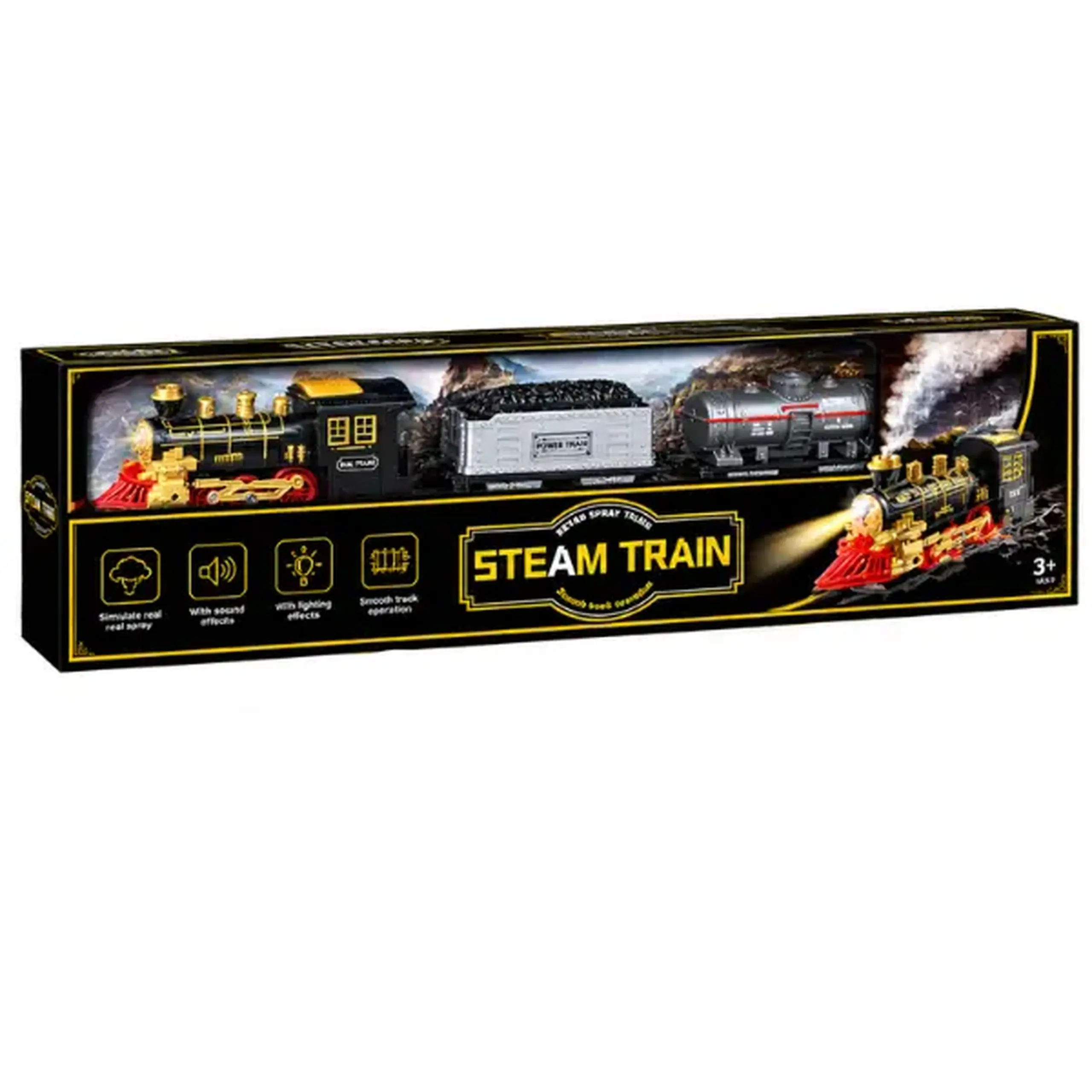 Cale ferată pentru copii „Steam Train” cu vagon pentru cărbune și cisternă, efecte luminoase și sonore