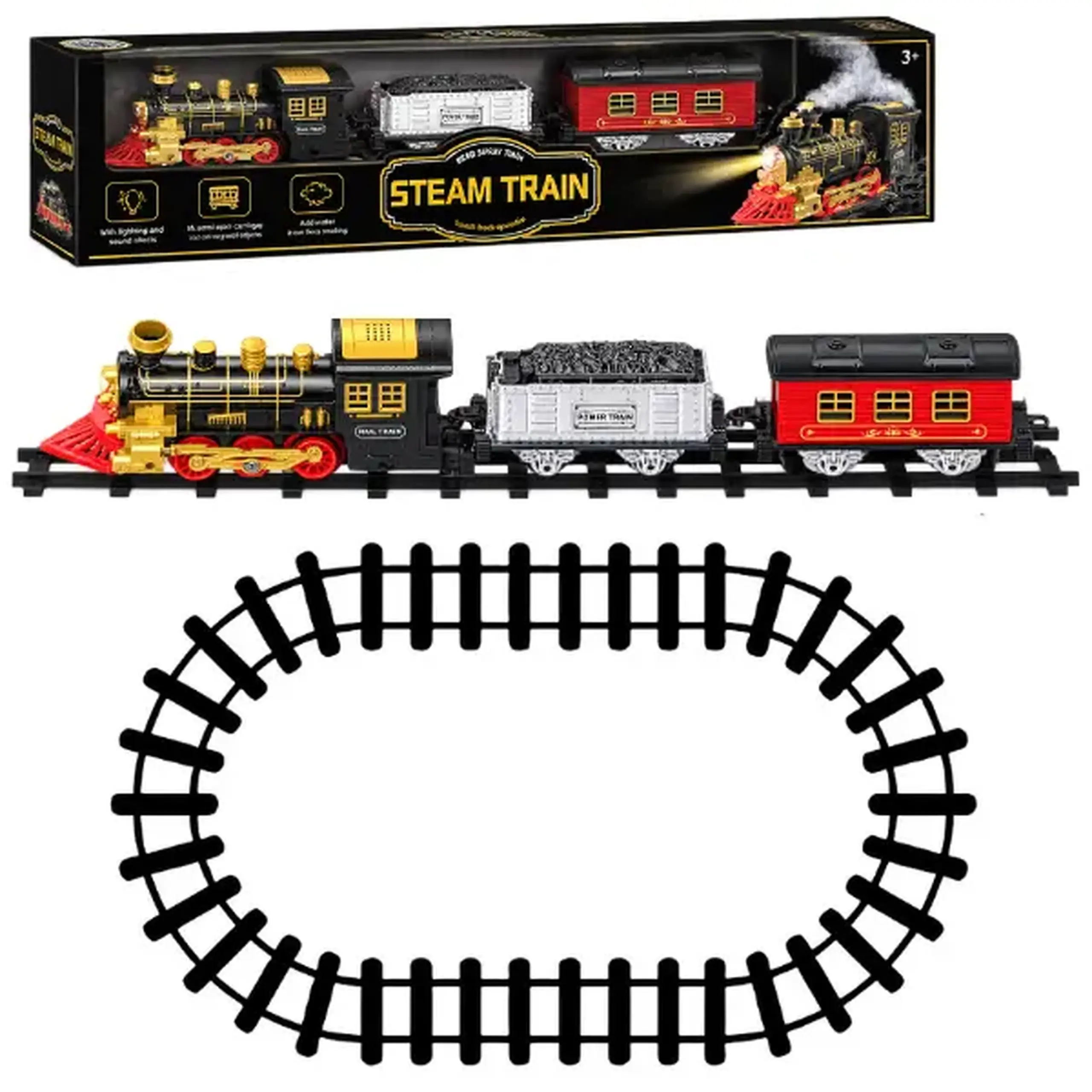 Cale ferată pentru copii „Steam Train” cu vagon pentru cărbune și vagon de pasageri, efecte luminoase și sonore