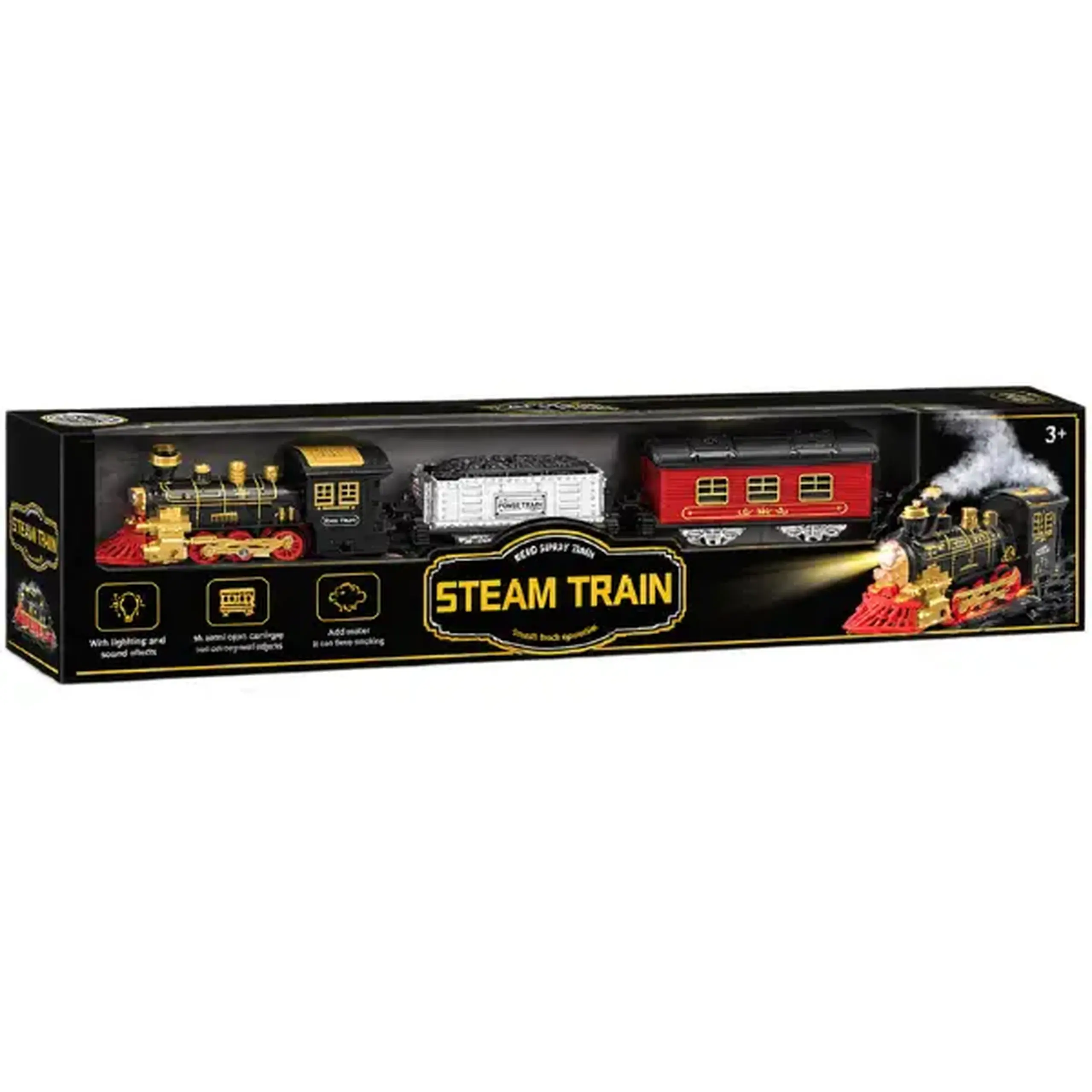 Cale ferată pentru copii „Steam Train” cu vagon pentru cărbune și vagon de pasageri, efecte luminoase și sonore