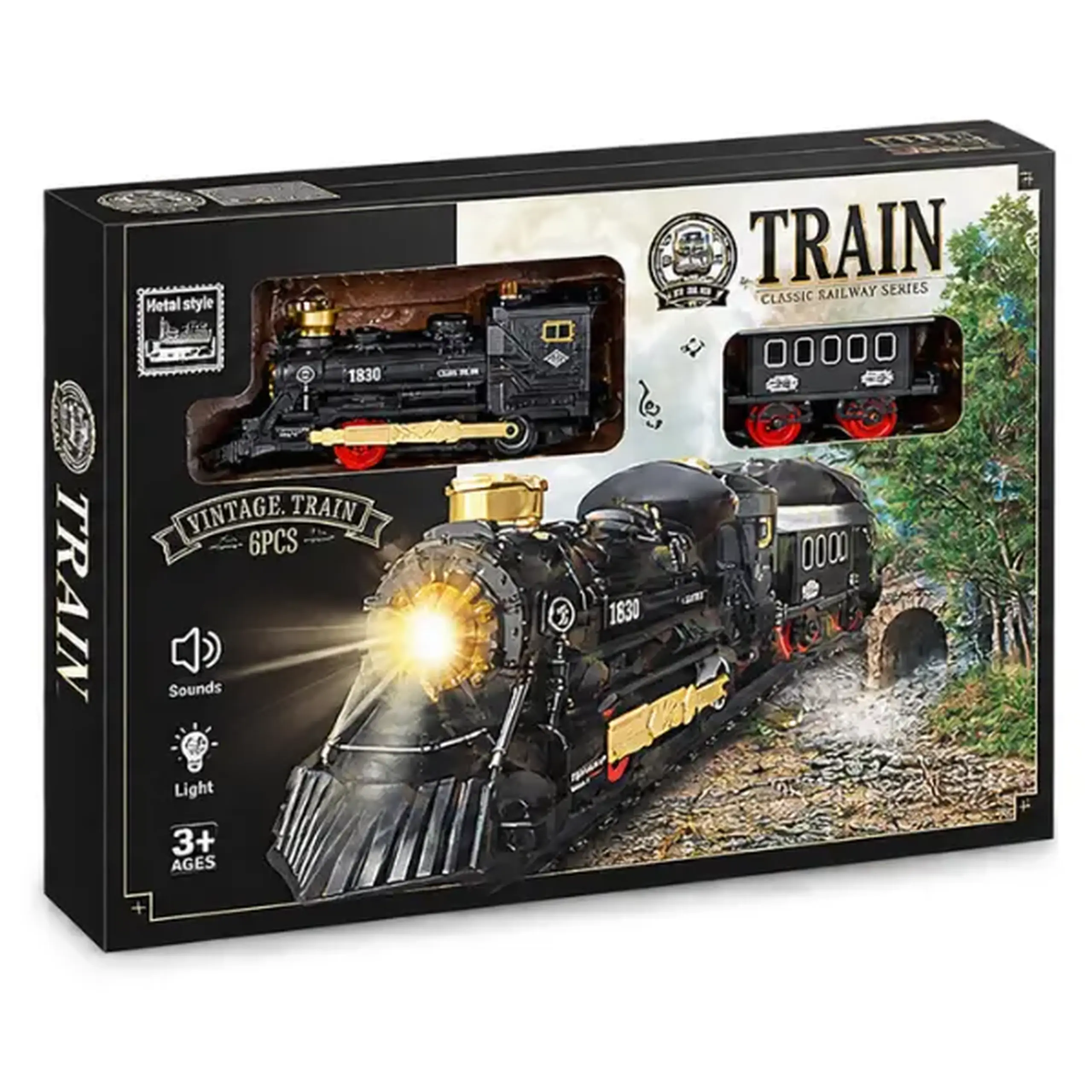 Cale ferată pentru copii cu tren în stil vintage, efecte de lumină și sunet, 6 piese