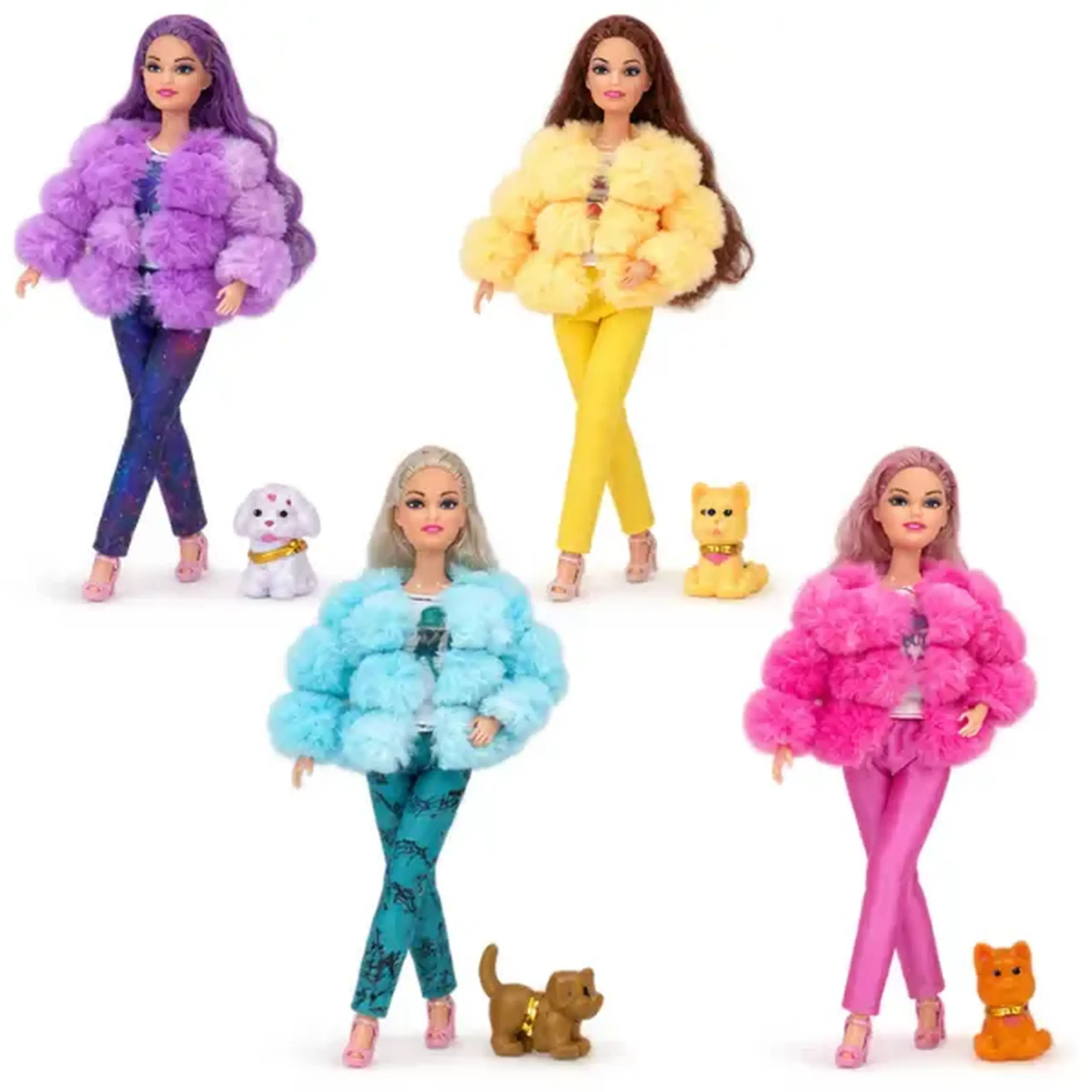 Păpușă „Fashionistă” în jachetă pufoasă cu animăluț, 29 cm, 4 modele