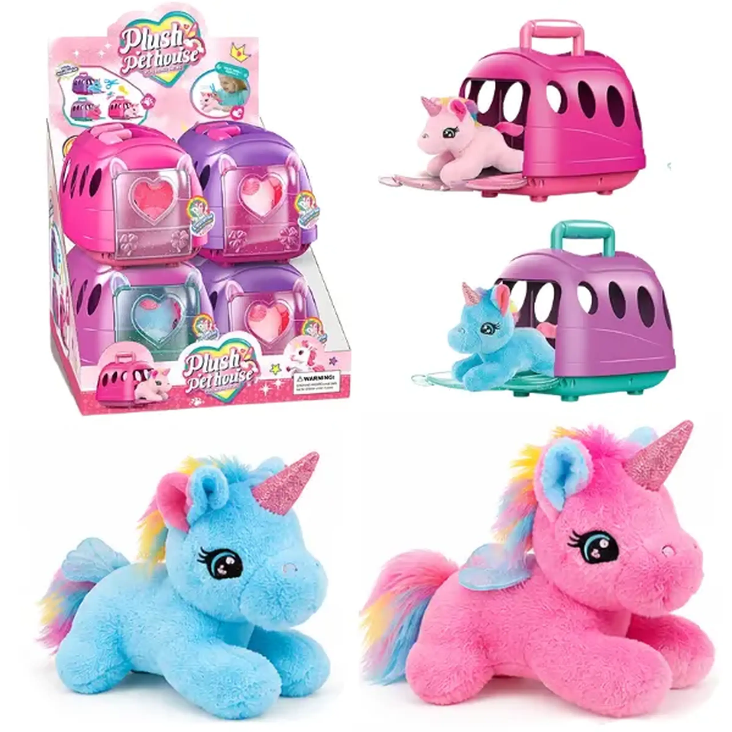 Set de joacă „Unicorn de pluș în cușcă de transport” cu accesorii, 3 modele