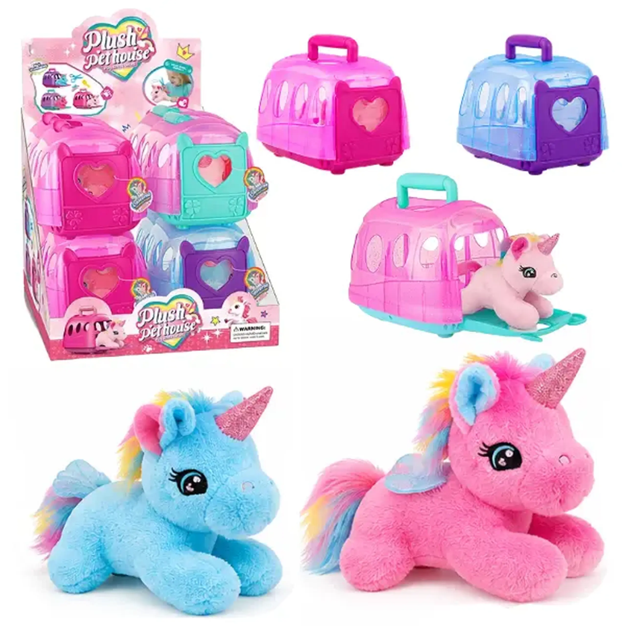 Set de joacă „Unicorn de pluș în cușcă de transport” cu accesorii, 3 modele