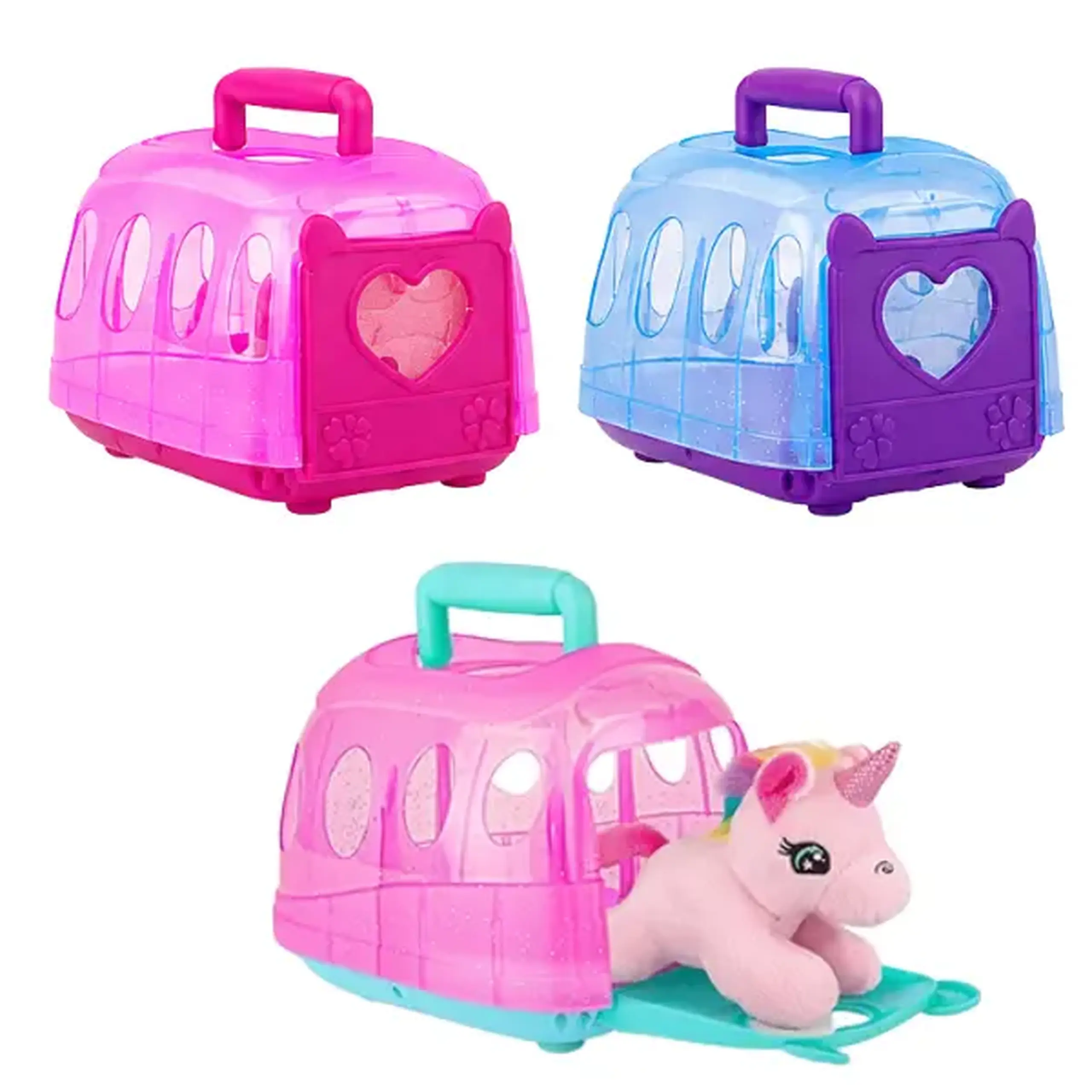 Set de joacă „Unicorn de pluș în cușcă de transport” cu accesorii, 3 modele