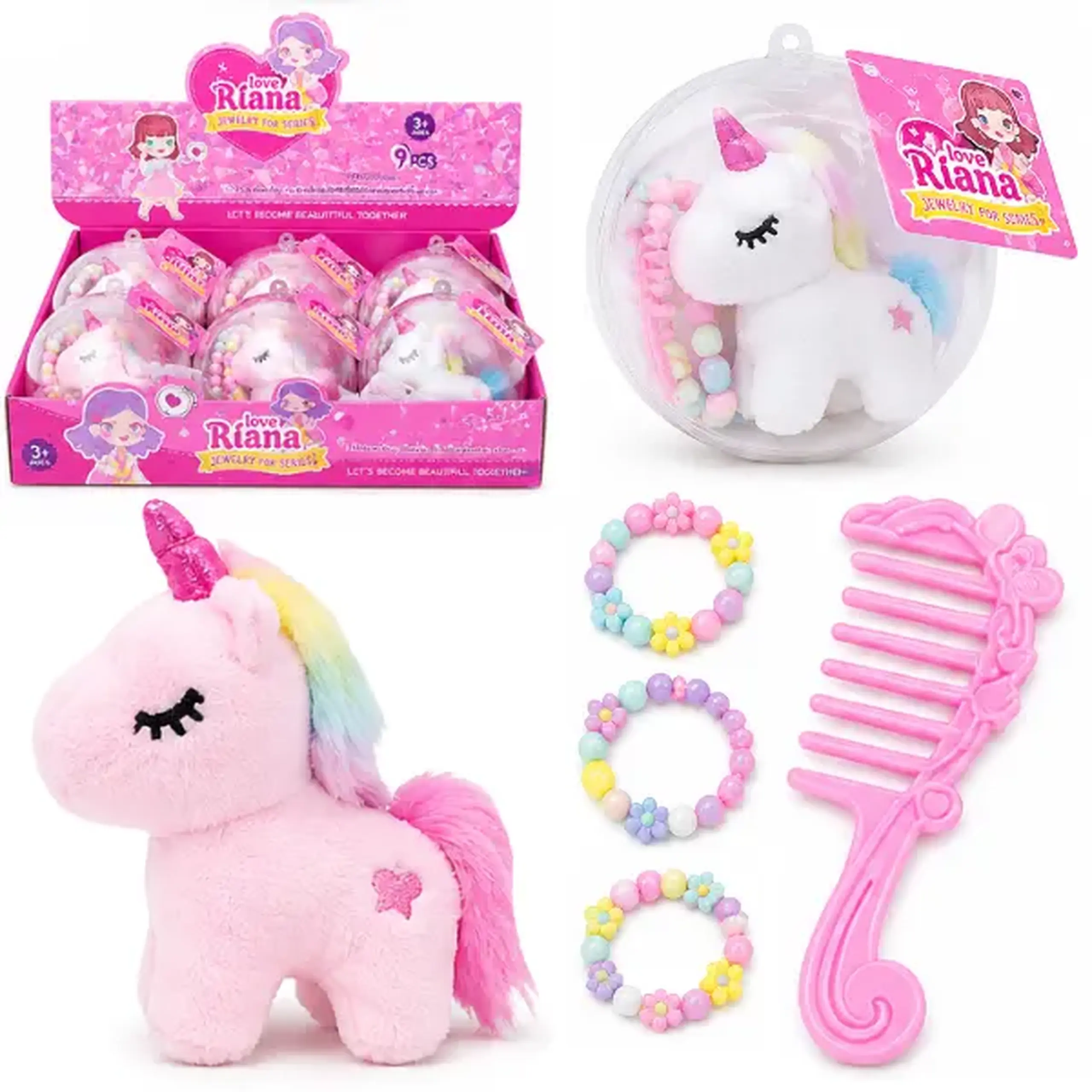 Set de joacă „Unicorn de pluș” cu brățară și pieptene în glob, 2 modele
