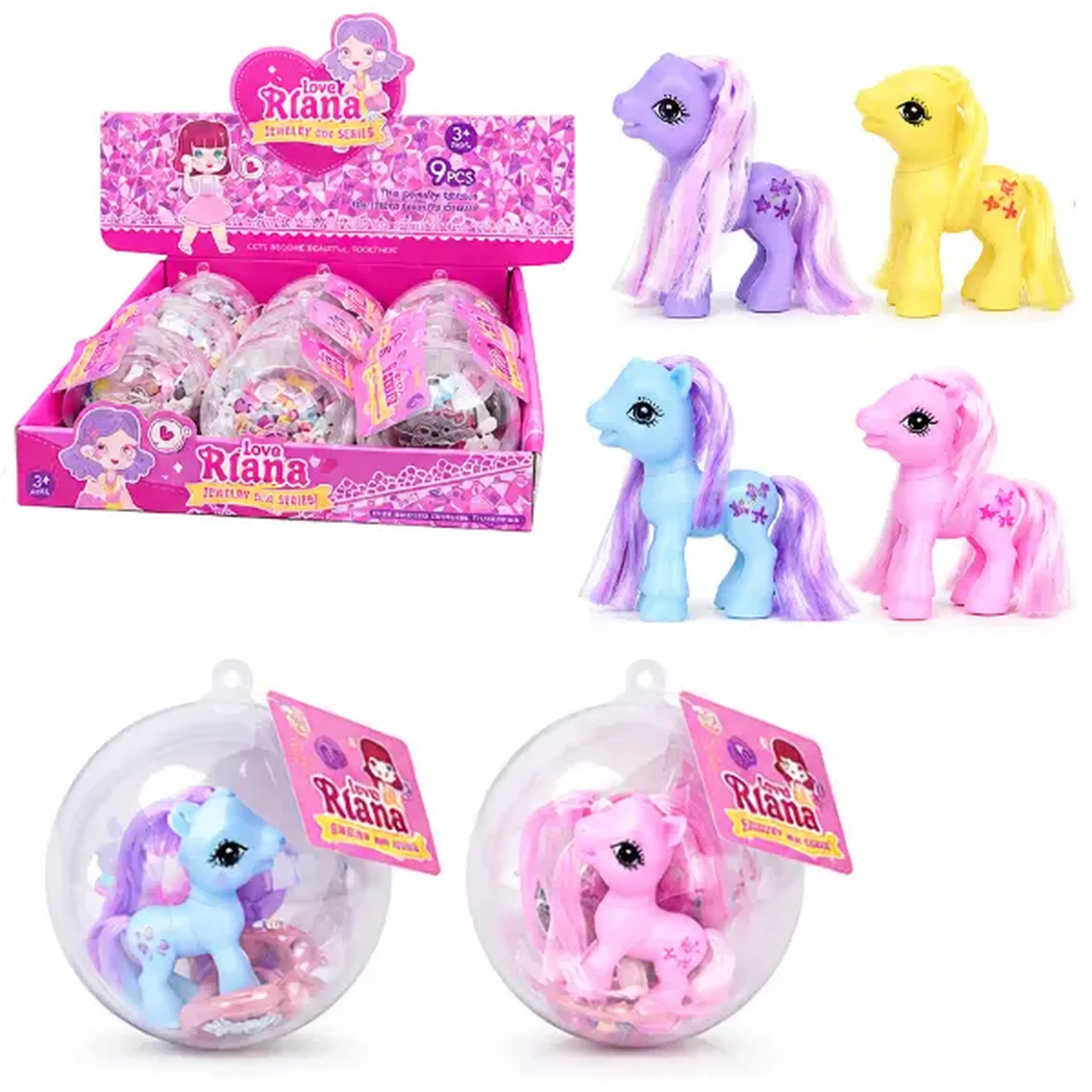 Set de joacă „Mica prințesă” cu ponei și bijuterii în glob, 4 modele