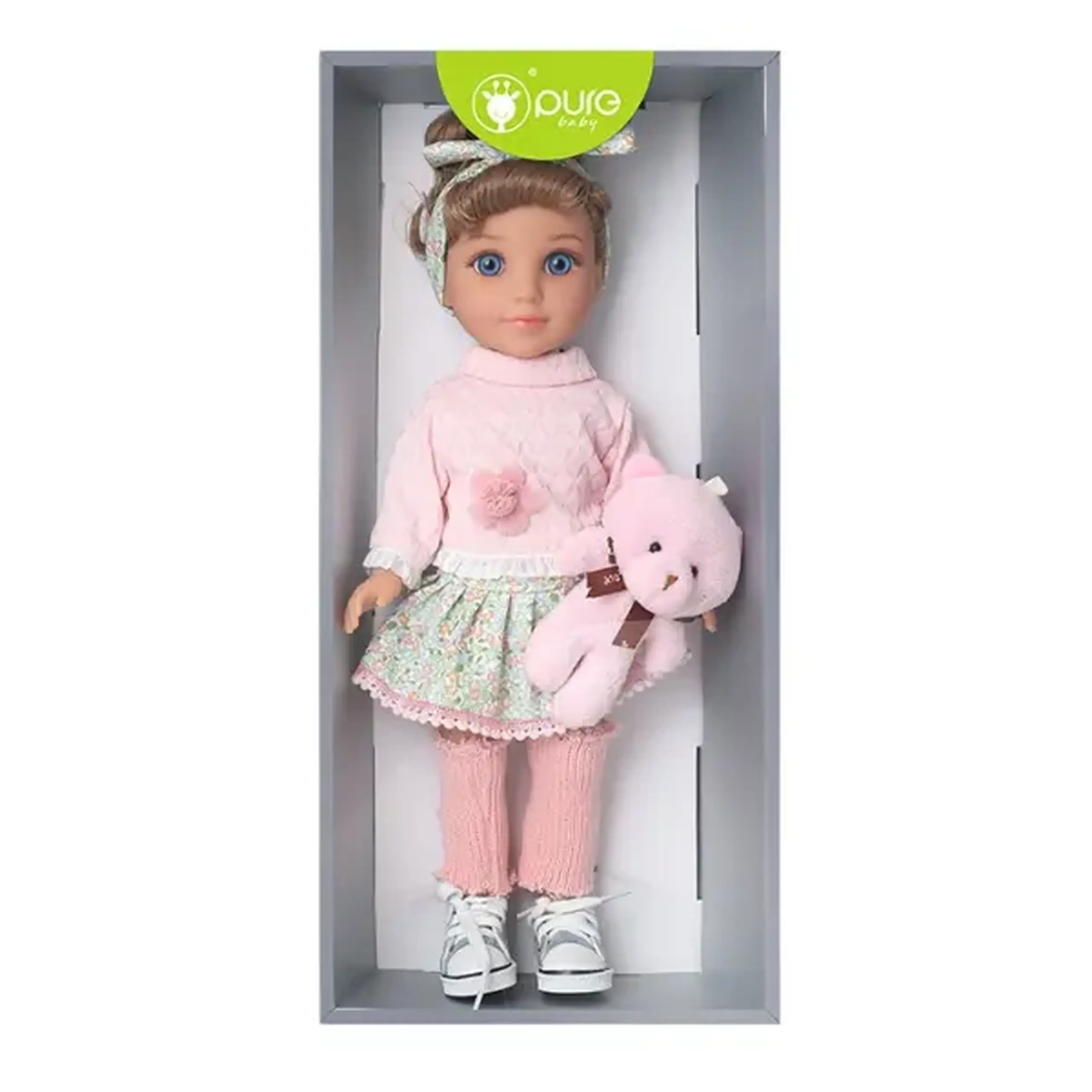 Păpușă cu ursuleț de pluș în ținută roz, 35 cm