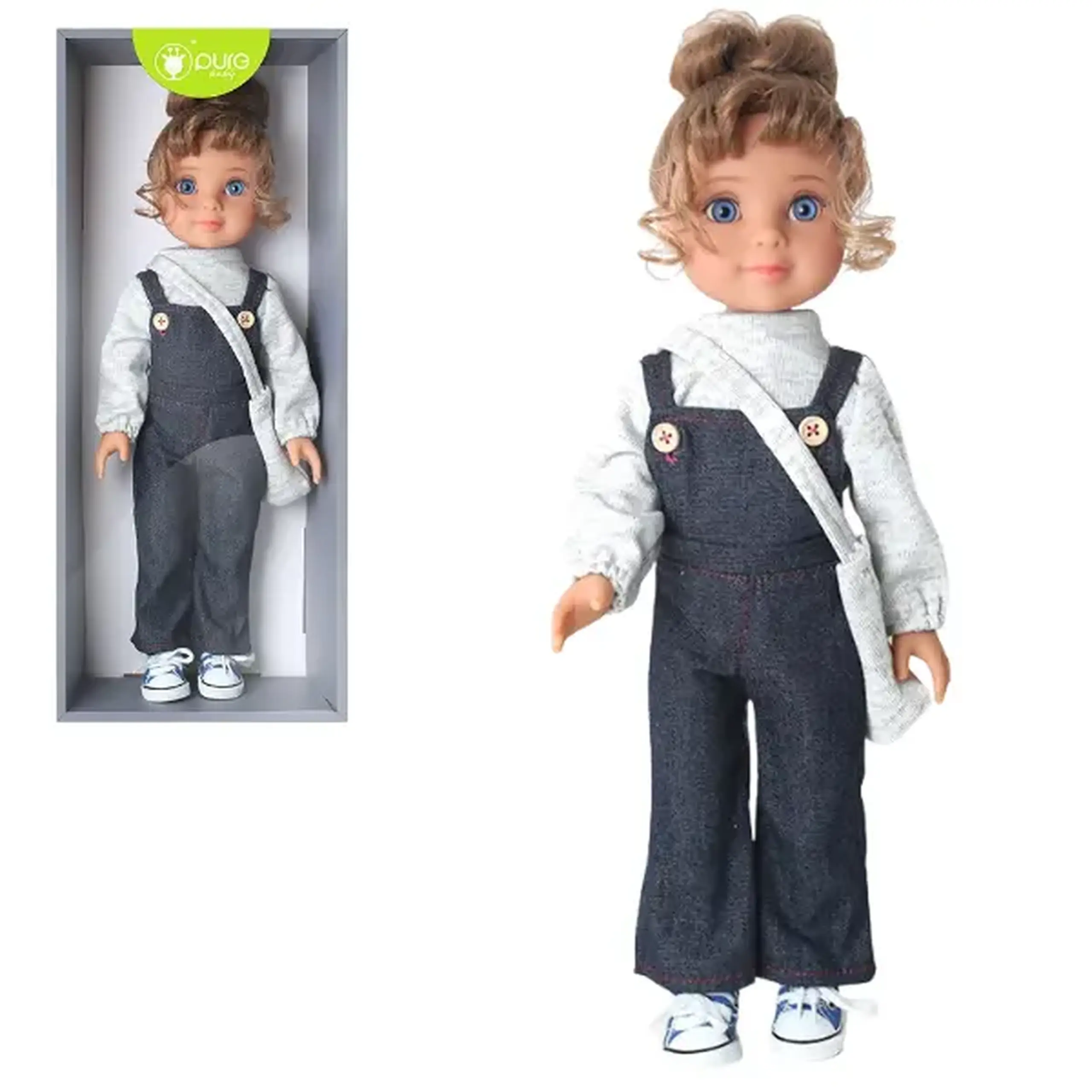 Păpușă în salopetă din denim cu gentuță, 40 cm
