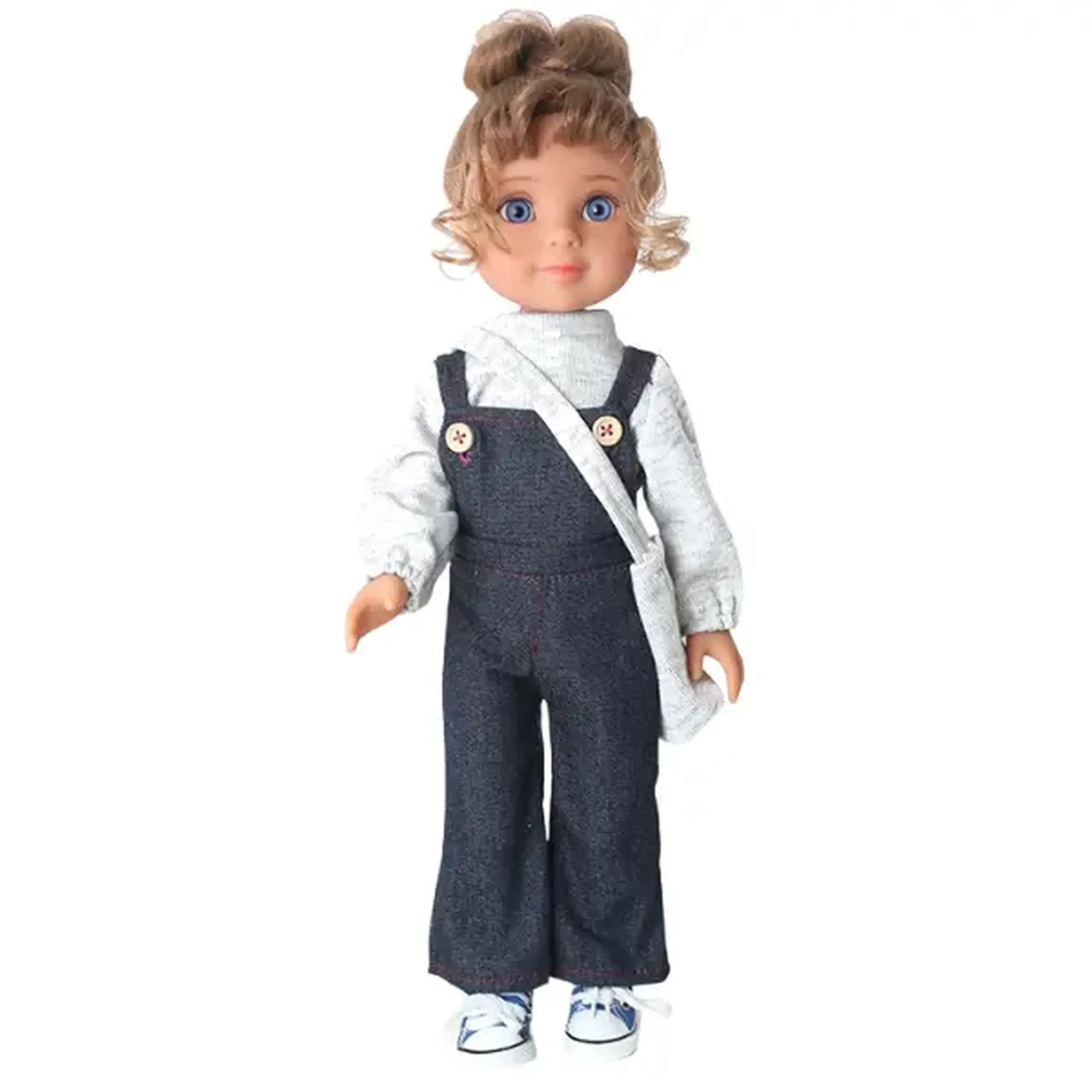 Păpușă în salopetă din denim cu gentuță, 40 cm