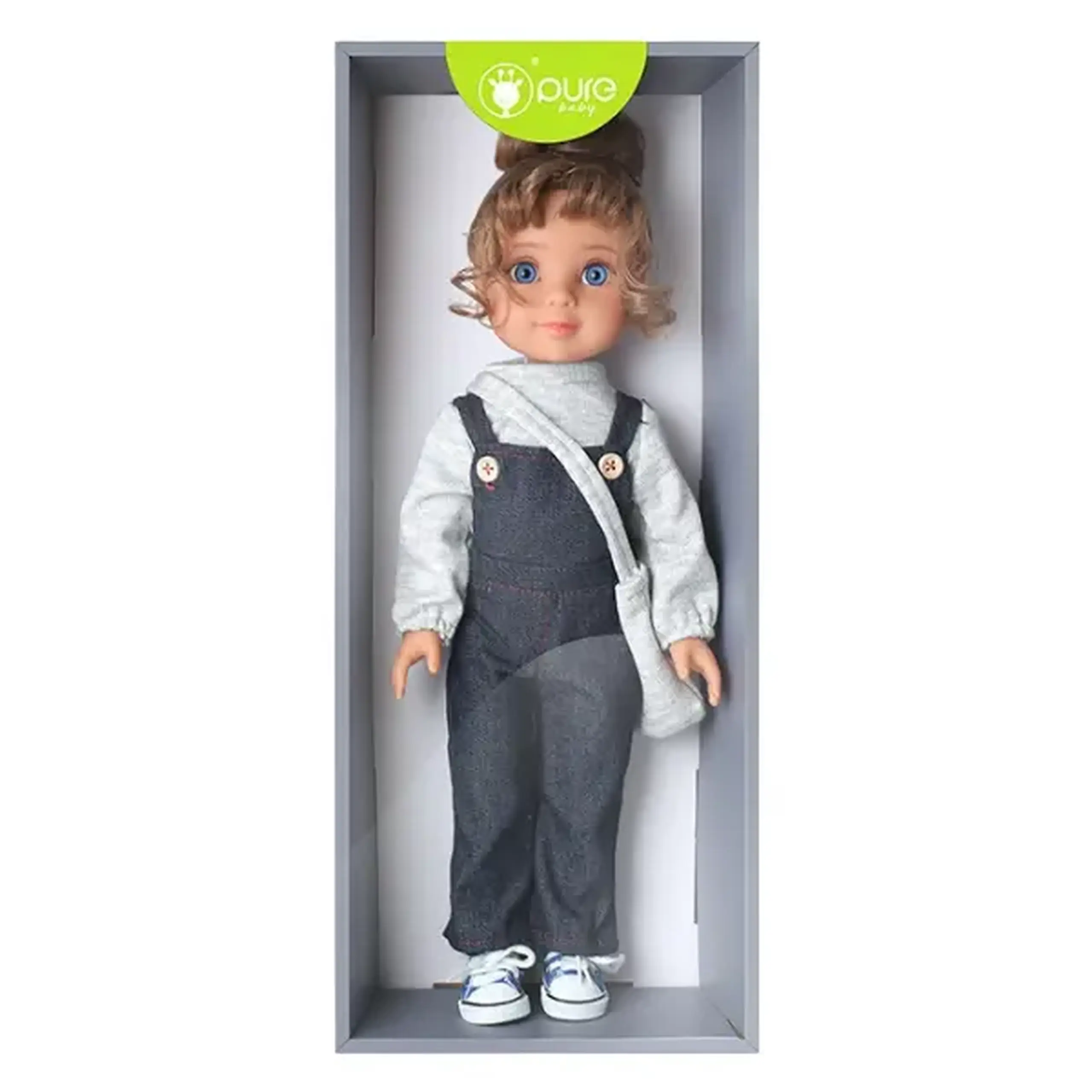 Păpușă în salopetă din denim cu gentuță, 40 cm