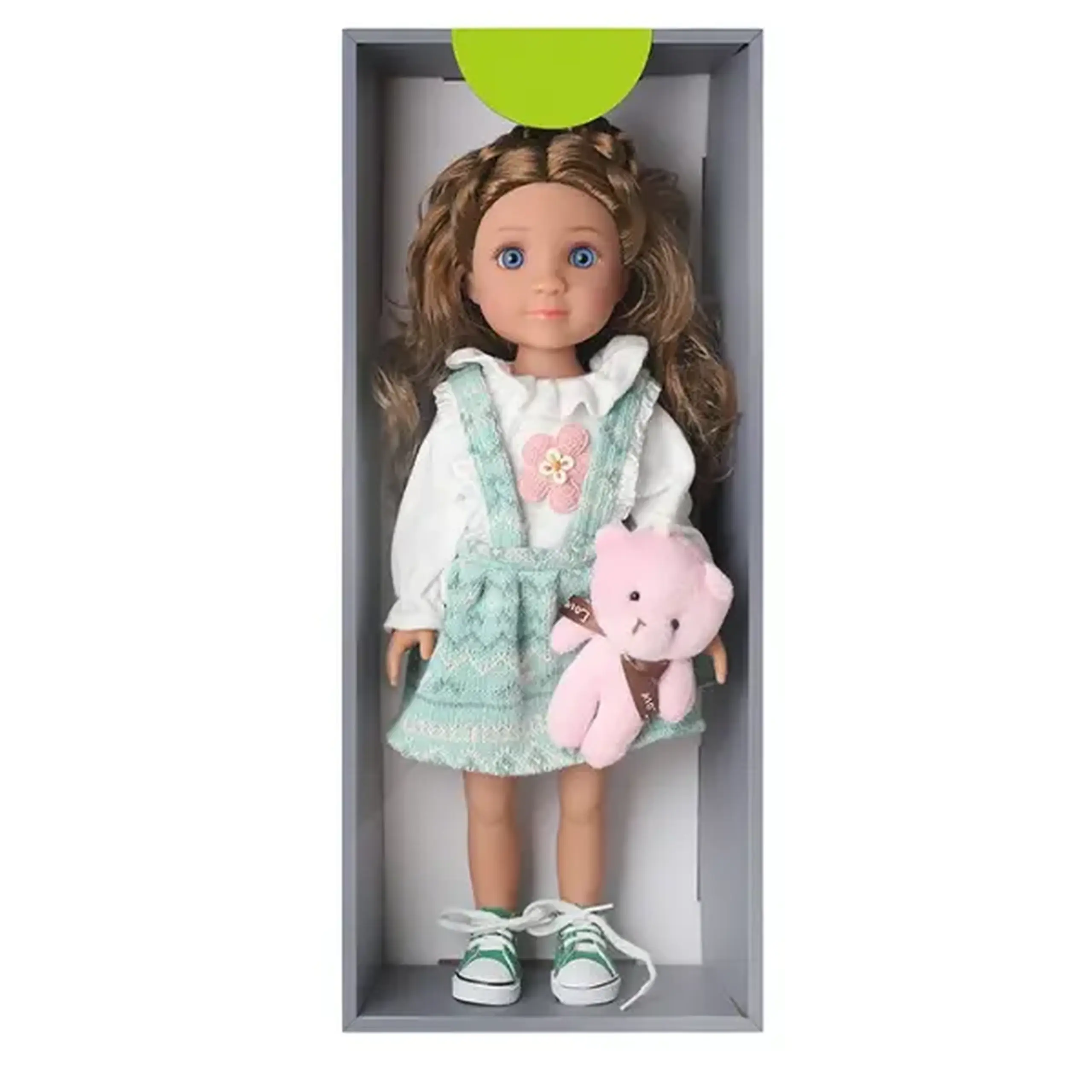 Păpușă cu ursuleț de pluș și rochie verde mentă, 40 cm