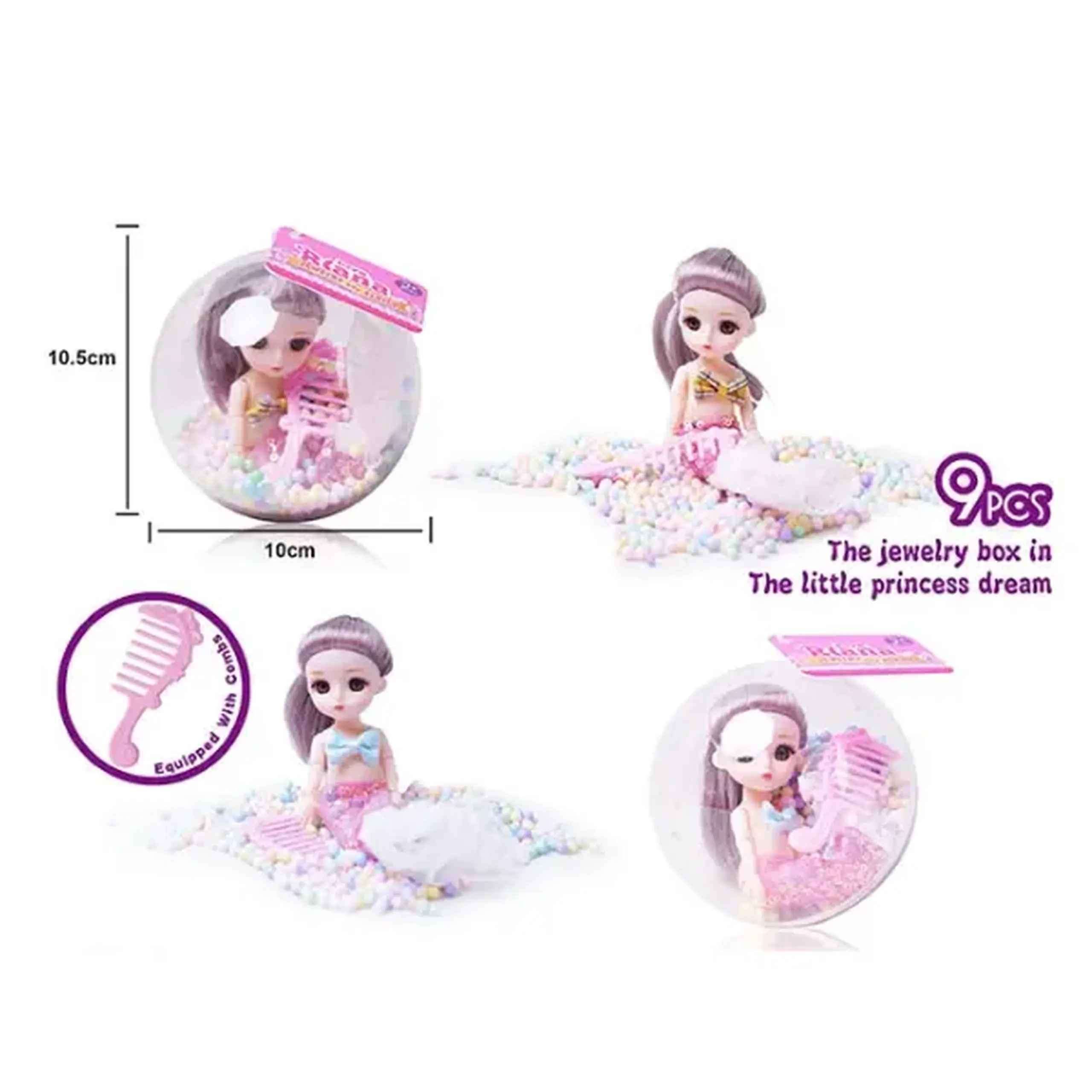 Set de joacă „Mica prințesă” cu bijuterii și păpușă în glob, 3 modele