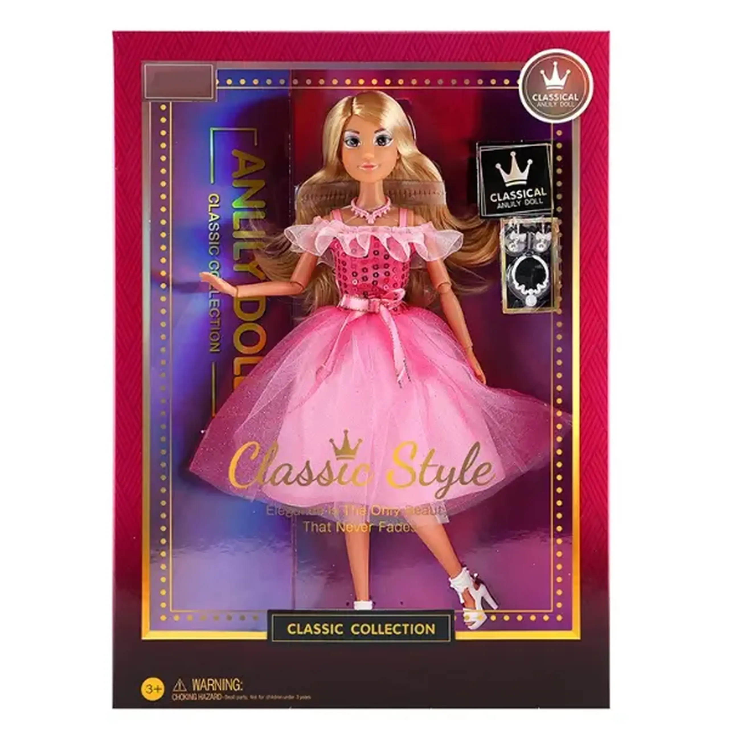 Păpușă „Colecția Clasică” în rochie elegantă roz cu accesorii, 29 cm