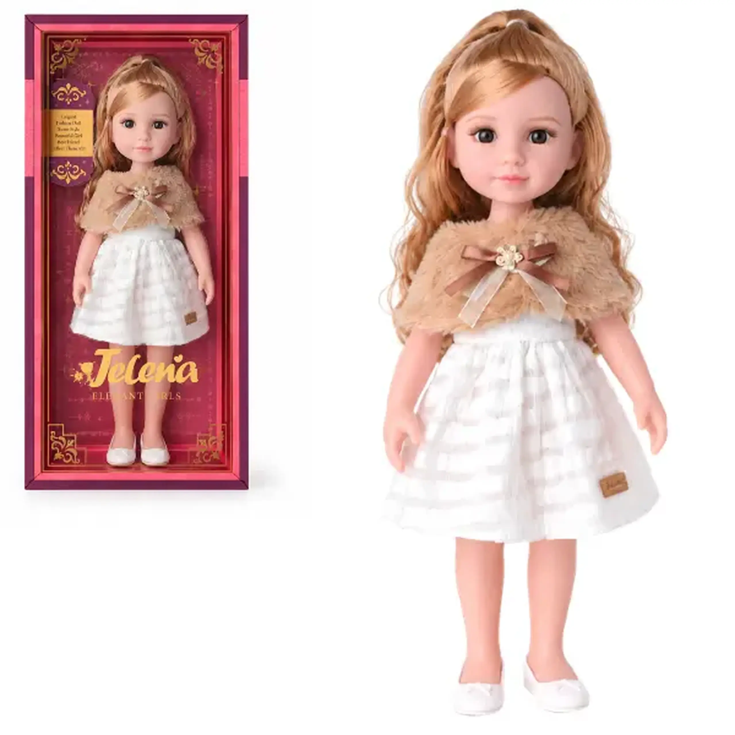 Păpușă "Jelena" în rochie albă cu pelerină din blăniță, 38 cm