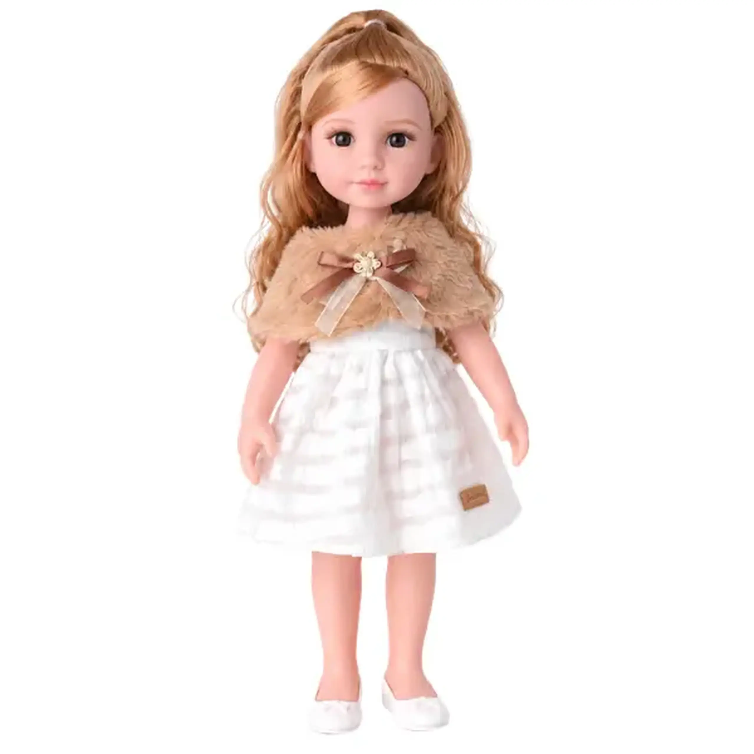 Păpușă "Jelena" în rochie albă cu pelerină din blăniță, 38 cm