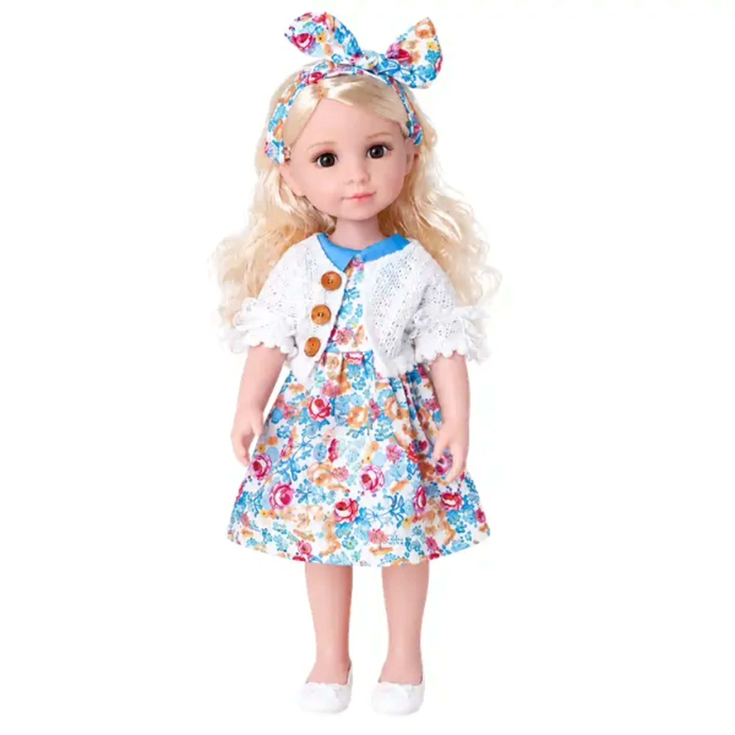 Păpușă "Jelena" în rochie cu imprimeu floral, 38 cm