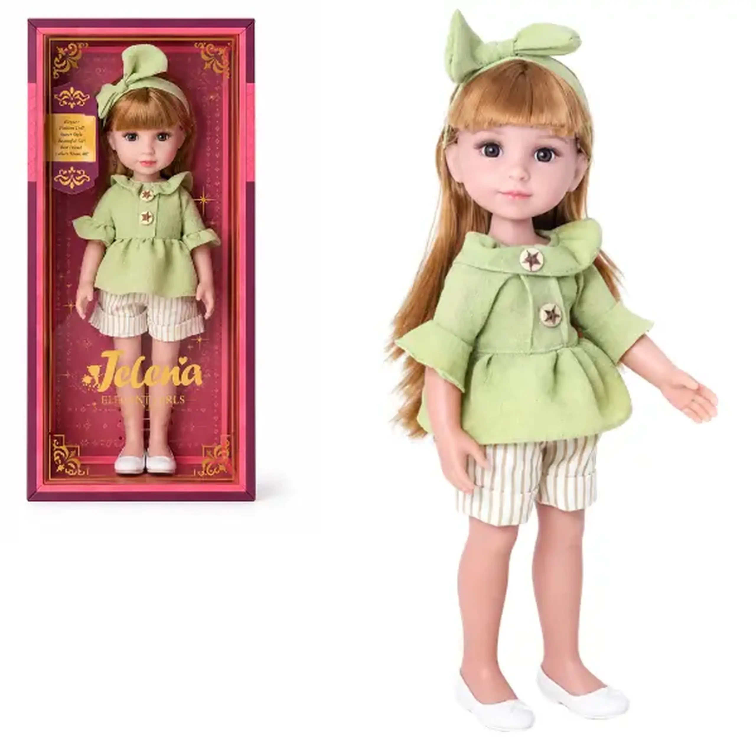 Păpușă "Jelena" în ținută verde, 38 cm