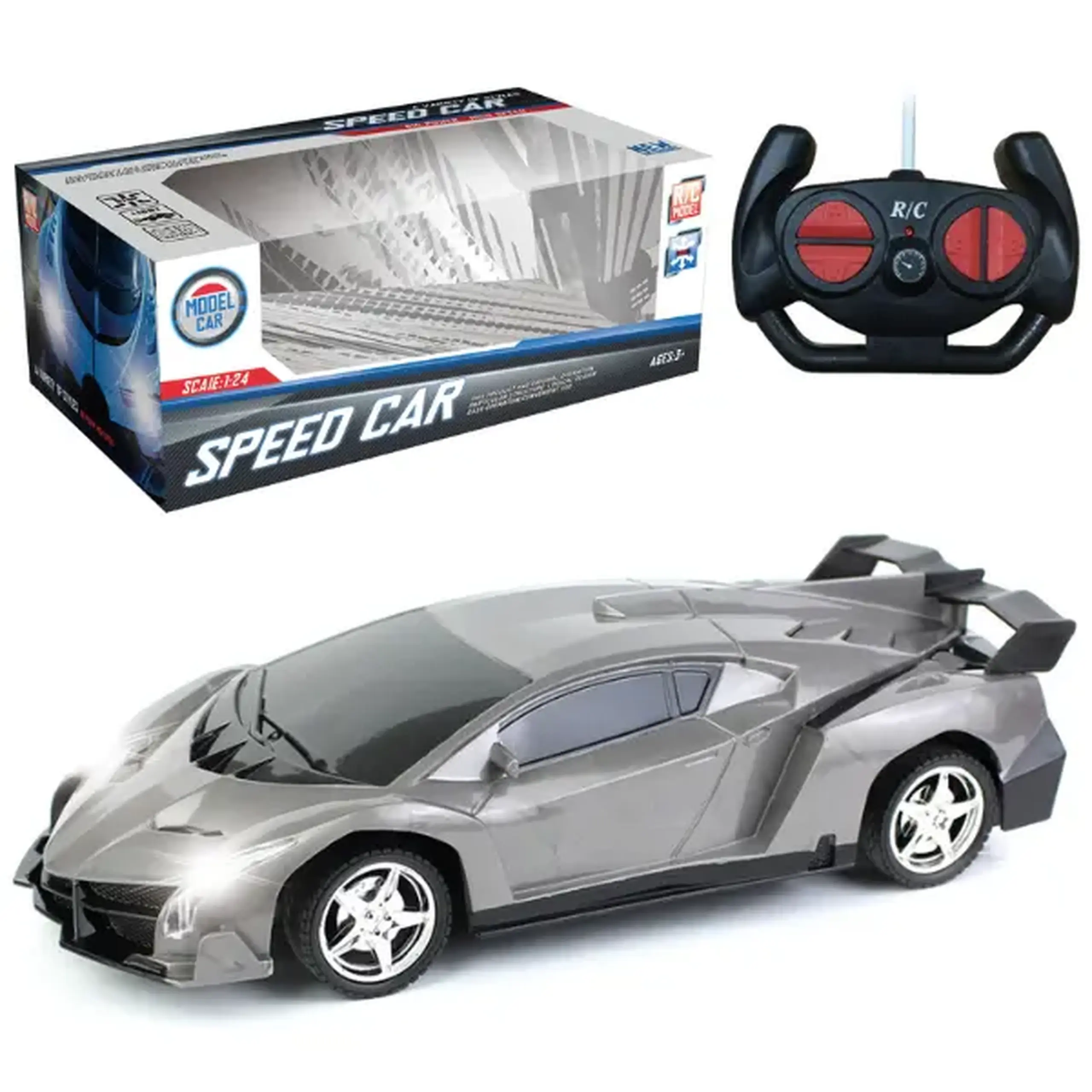 1:24 Mașină sport cu telecomandă: tracțiune integrală 4WD, efecte luminoase, 3 culori