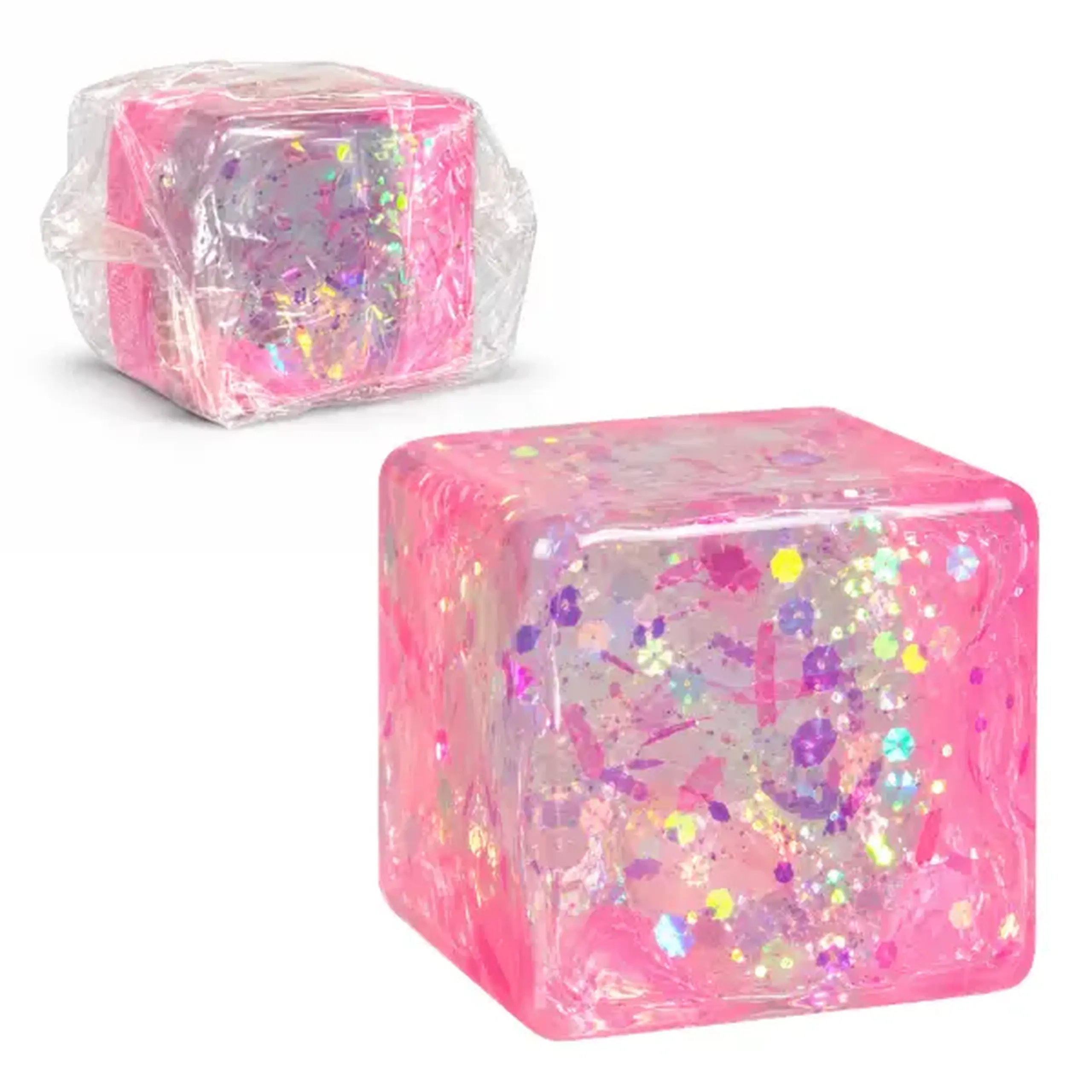 Cub antistres „Squish Stretch Ball” cu sclipici, 5×5×5 cm, roz
