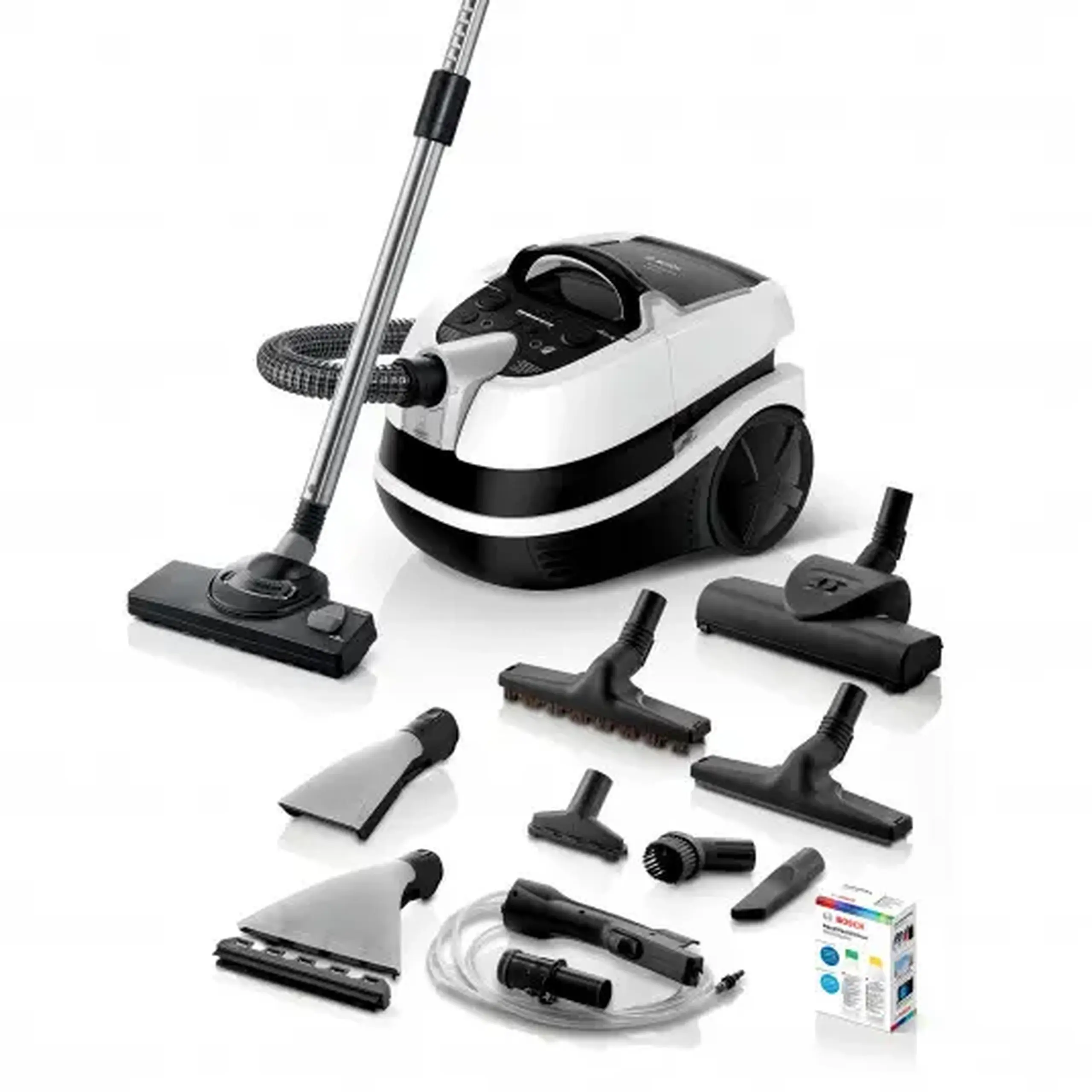 Aspirator cu spalare Bosch BWD421PRO, 2100 W, Filtru Hepa, Perii Turbo si parchet, Reglare electronica a puterii, Alb/Negru