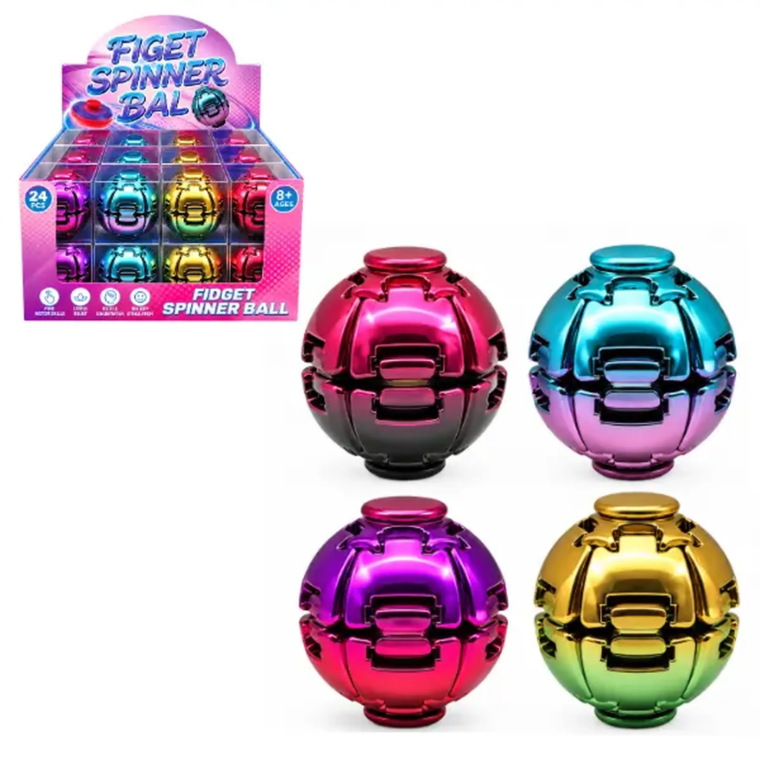 #05 Jucărie antistres „Fidget Spinner Ball”, minge 3D rotativă, 6 cm, cu efect metalizat, 4 modele