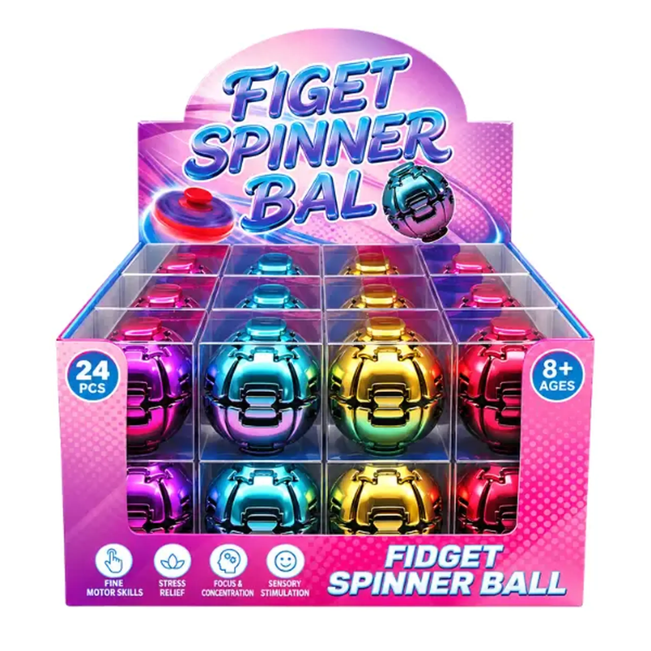 #05 Jucărie antistres „Fidget Spinner Ball”, minge 3D rotativă, 6 cm, cu efect metalizat, 4 modele