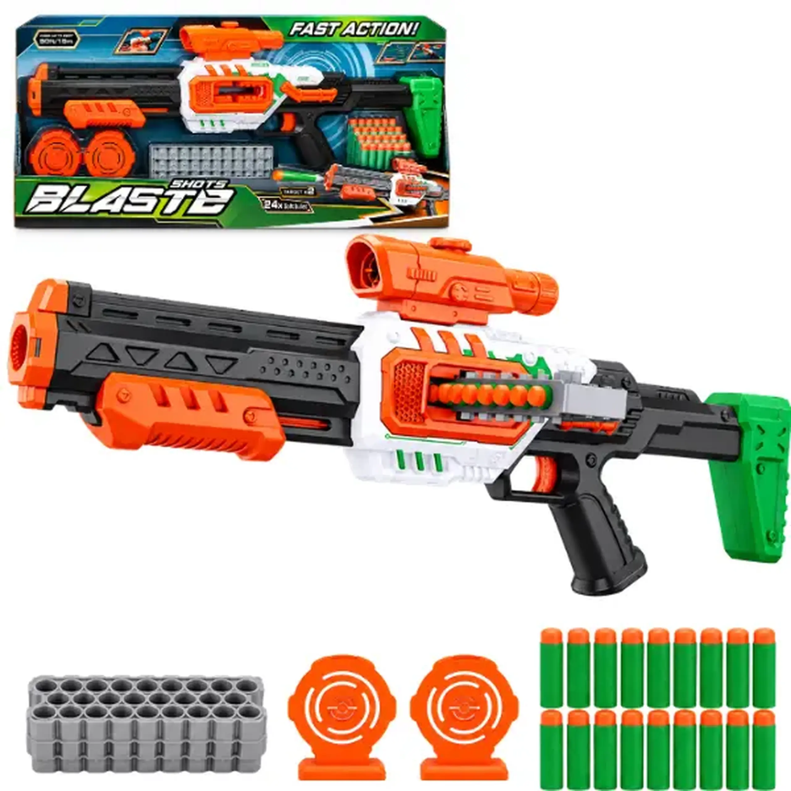 #05 Blaster de jucărie cu încărcător, 24 gloanțe moi și 2 ținte