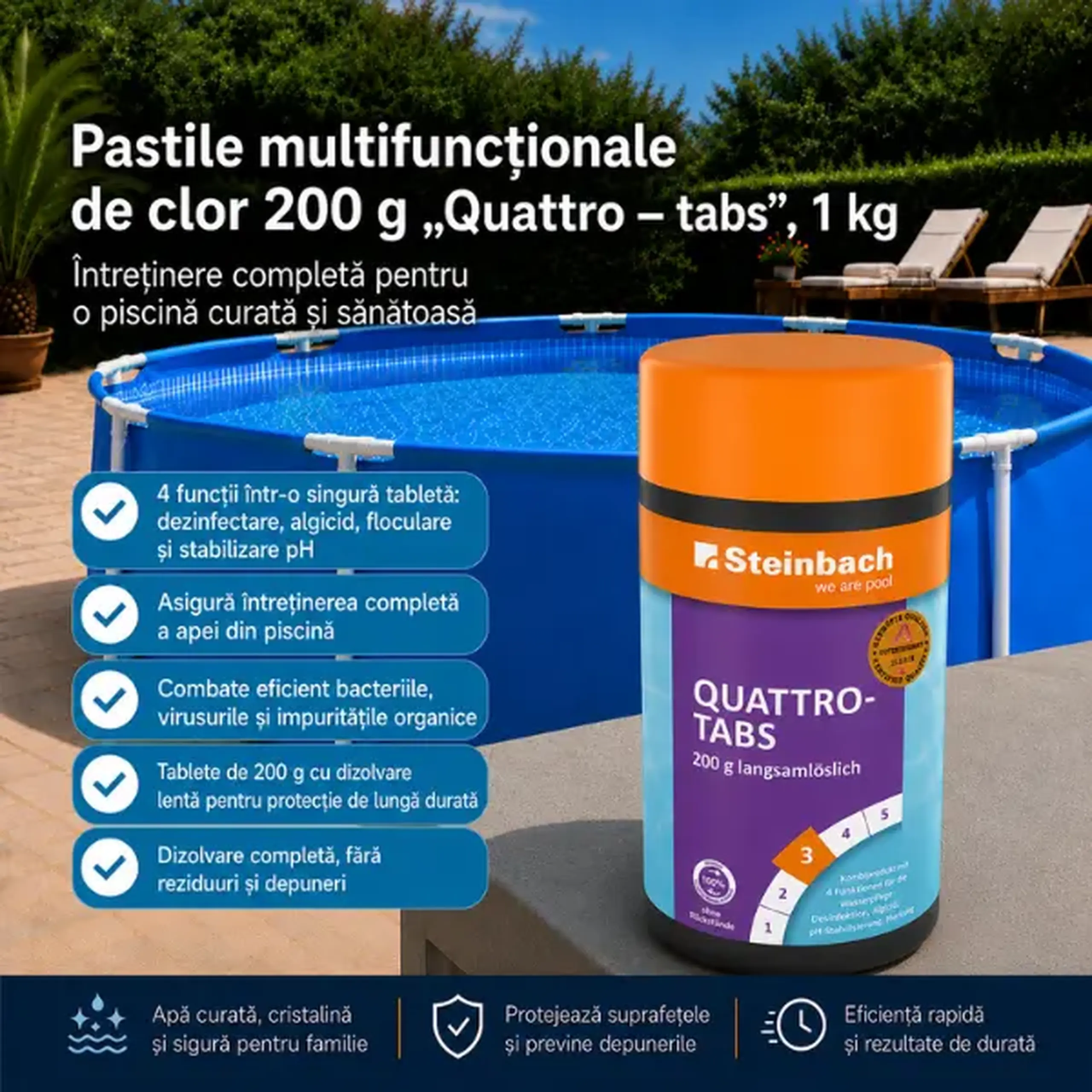 Pastile multifuncționale de clor 5 buc. x 200 g "Quattro - tabs", 1 kg