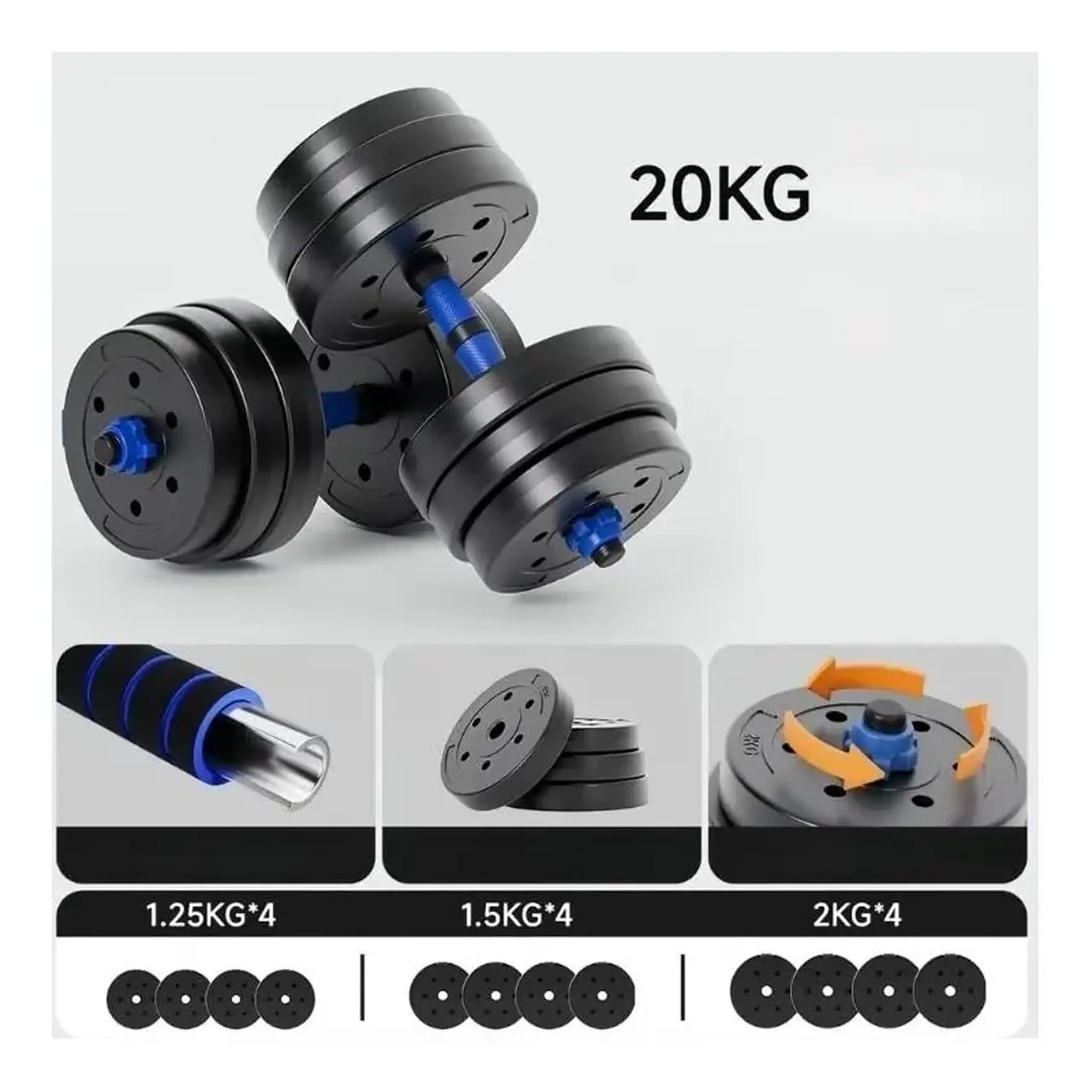 Set gantere reglabile FitTronic 20 kg, BG20, 2 gantere de 10 kg si bara de conectare inclusa, sigurante cu filet