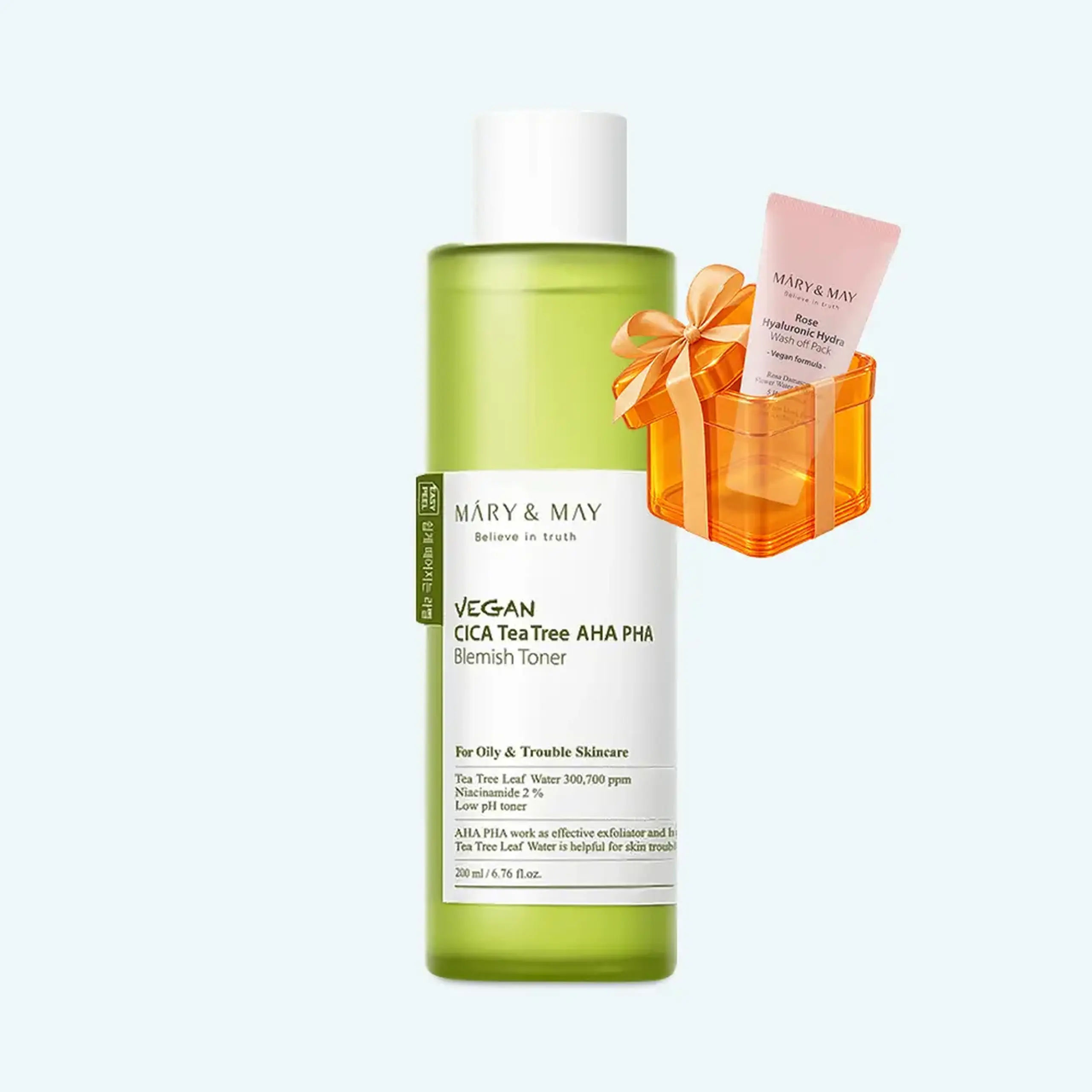 Toner exfoliant cu Complexul GesolzaTM şi acizi Mary&May Vegan CICA Tea Tree AHA PHA Toner 200ml