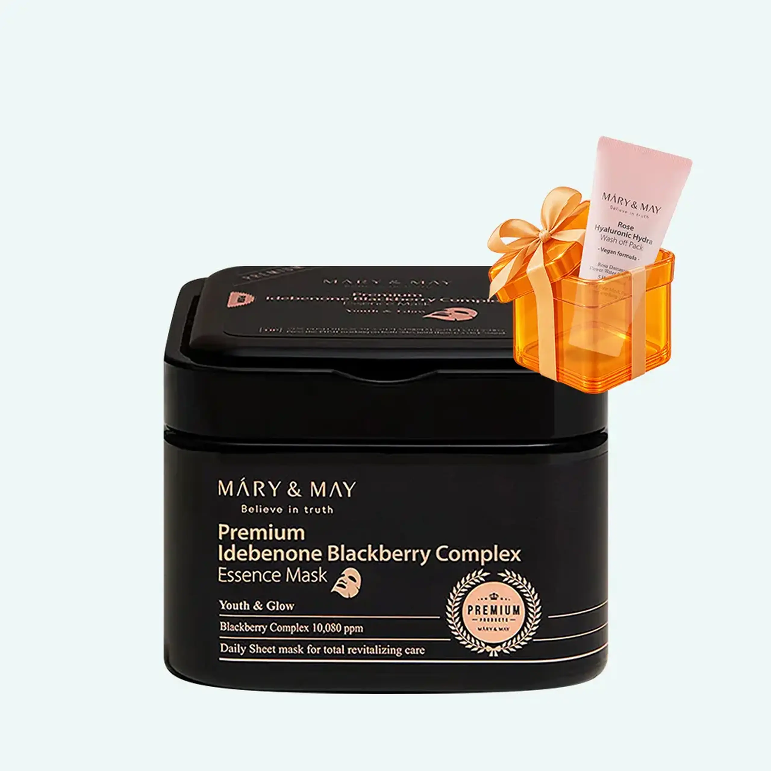 Set de măşti premium din ţesătură hidratantă, uniformizează tenul MARY & MAY Premium Idebenon Blackberry Complex Essence Mask 20pcs