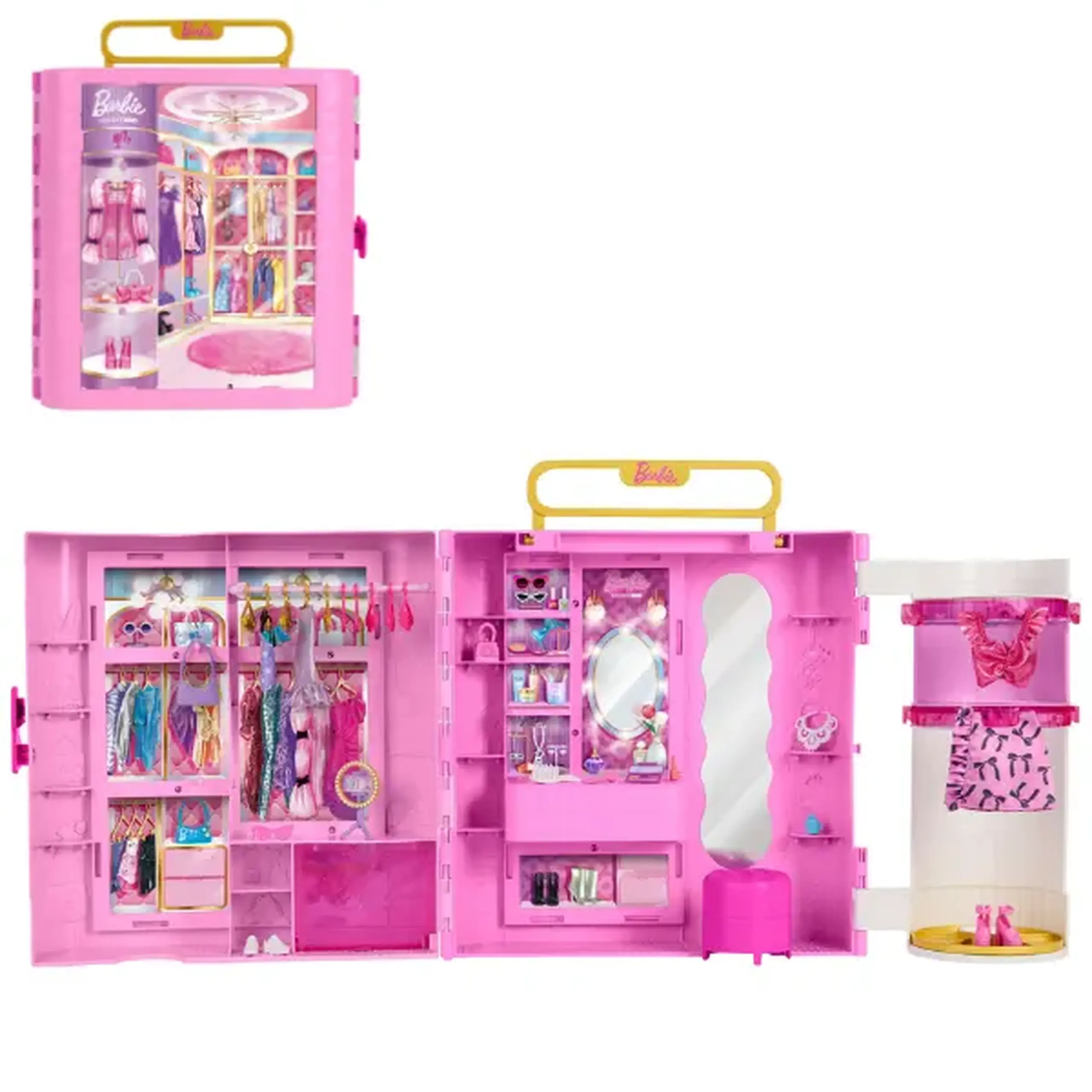 Set de joacă Barbie "Garderobă" cu cabină de probă rotativă, 20+ accesorii