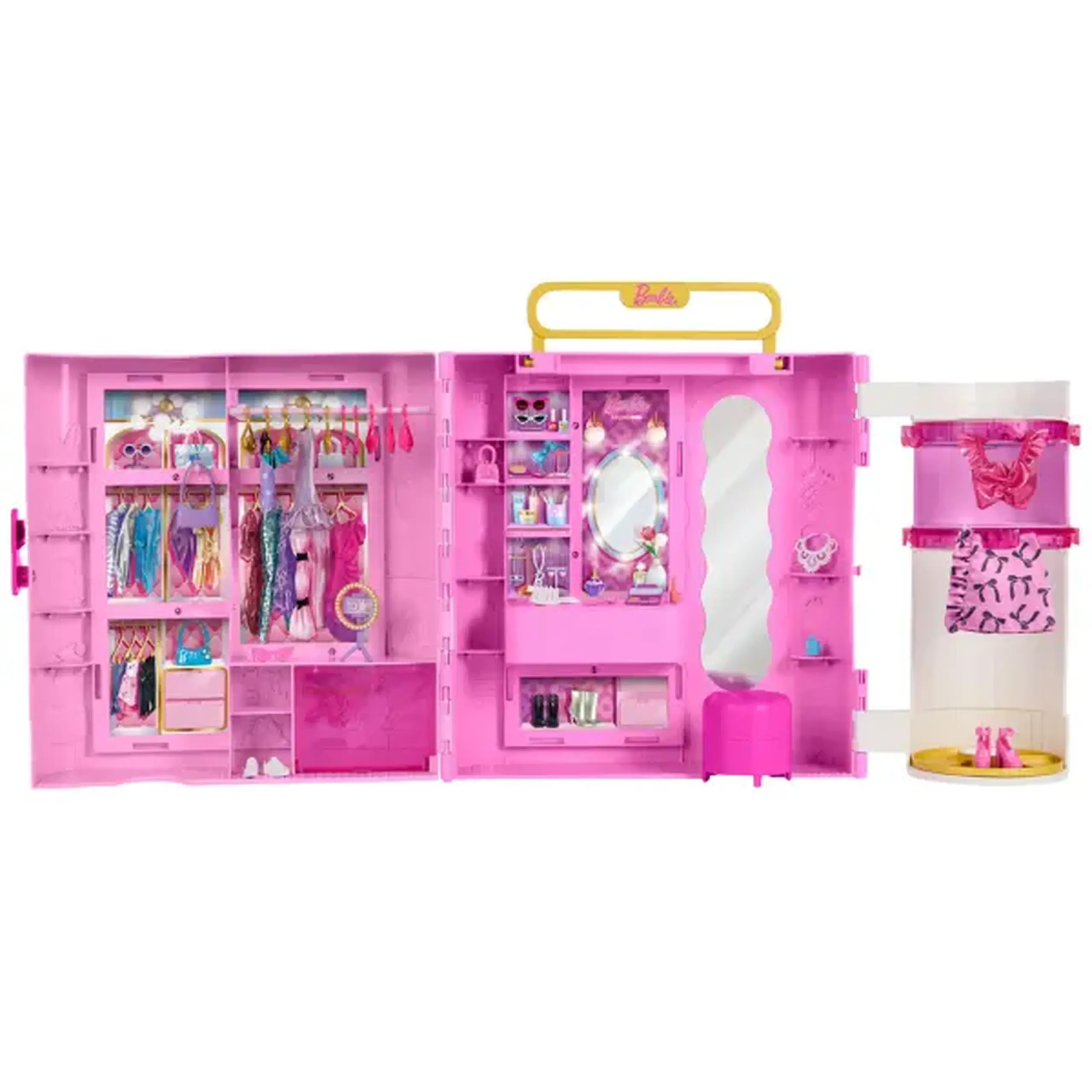Set de joacă Barbie "Garderobă" cu cabină de probă rotativă, 20+ accesorii