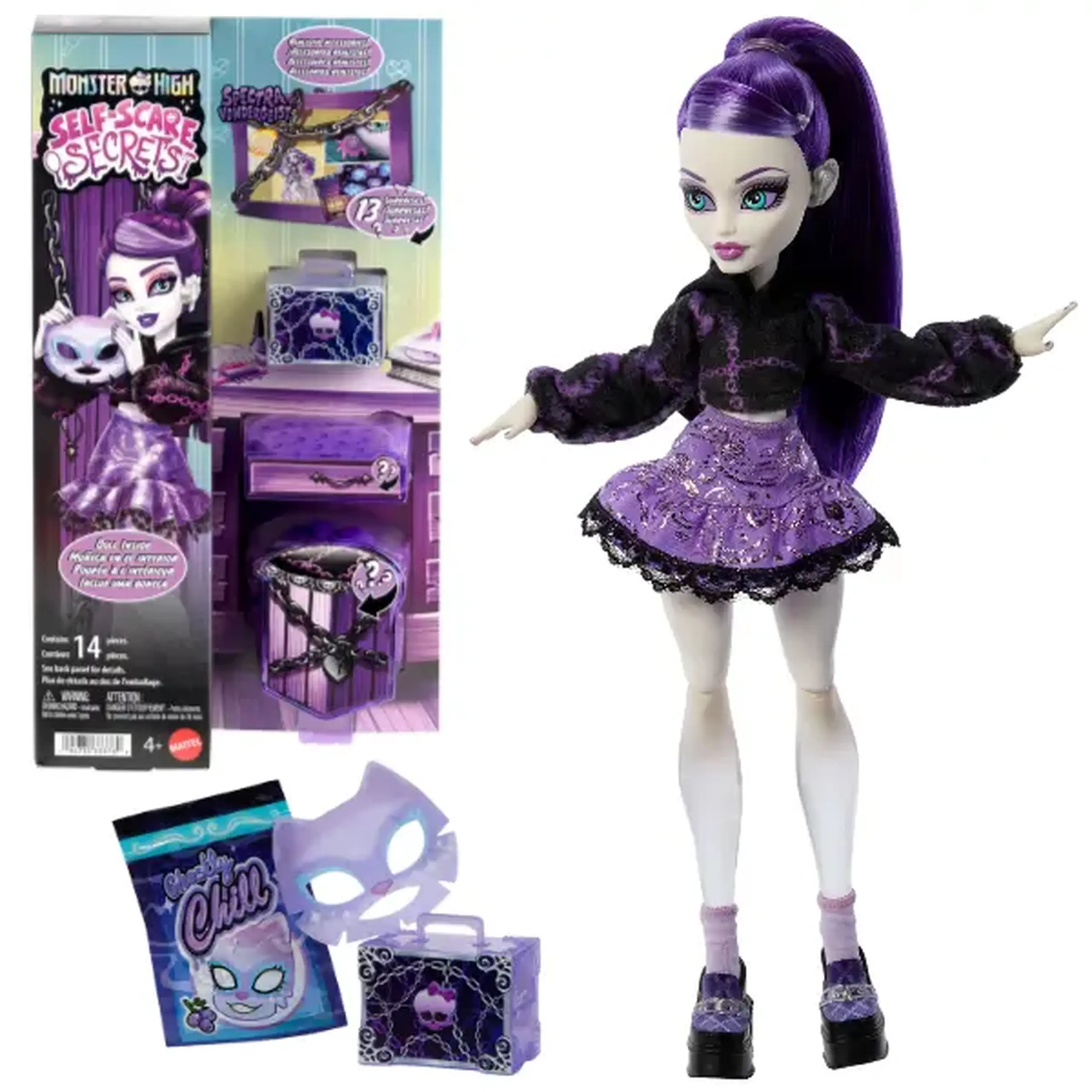 Păpușă Monster High Self-Scare Secrets „Spectra Vondergeist” cu 13 accesorii, 29 cm