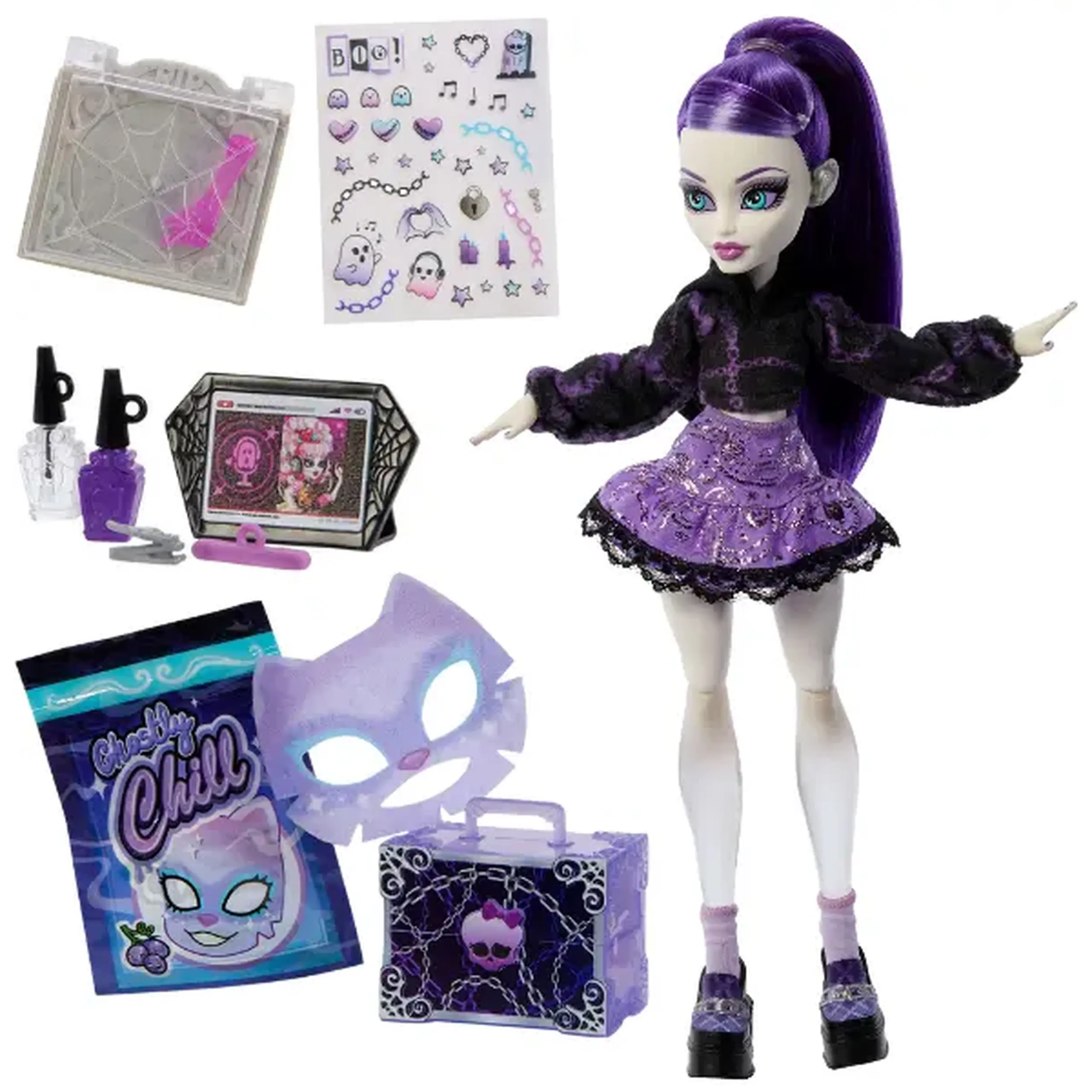 Păpușă Monster High Self-Scare Secrets „Spectra Vondergeist” cu 13 accesorii, 29 cm