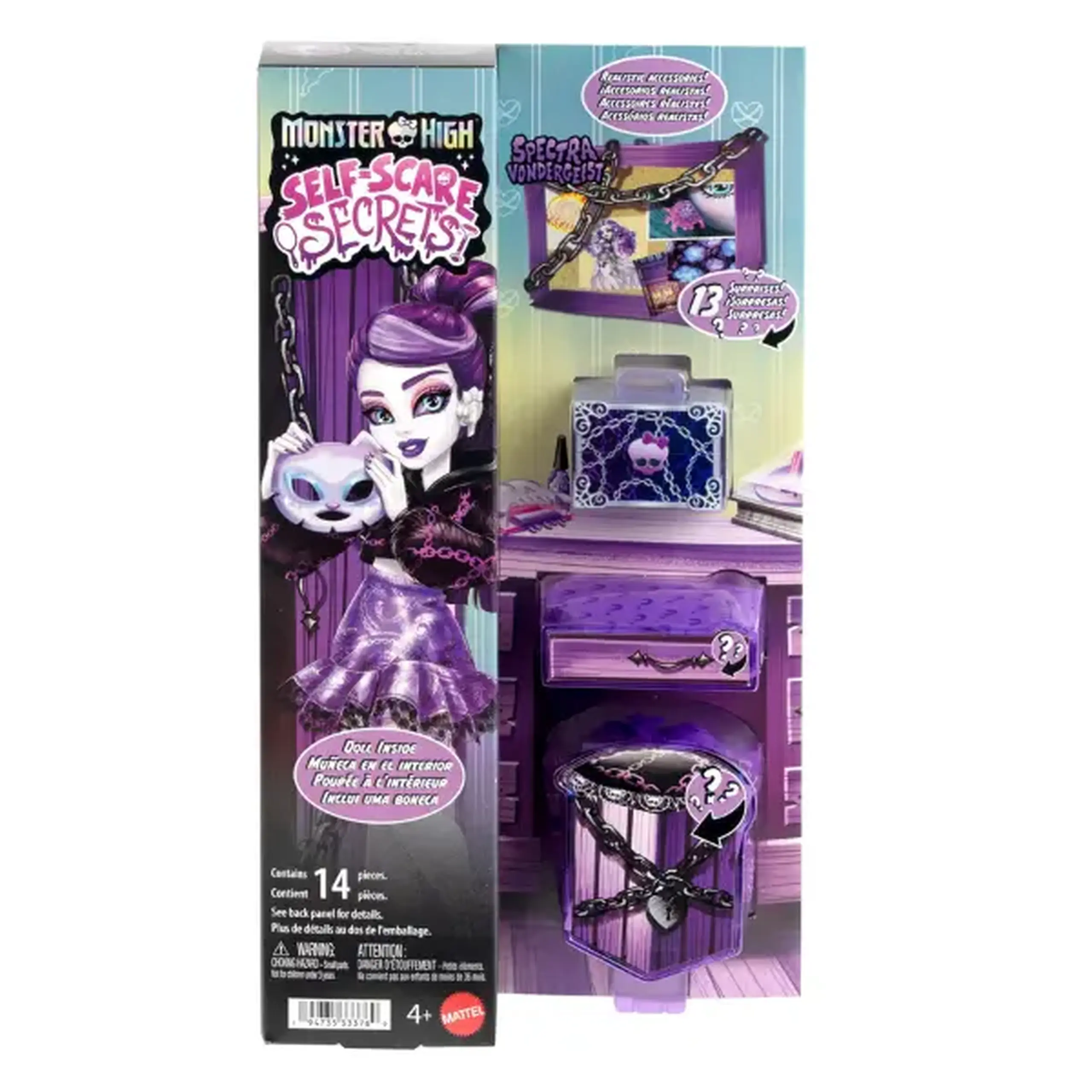 Păpușă Monster High Self-Scare Secrets „Spectra Vondergeist” cu 13 accesorii, 29 cm