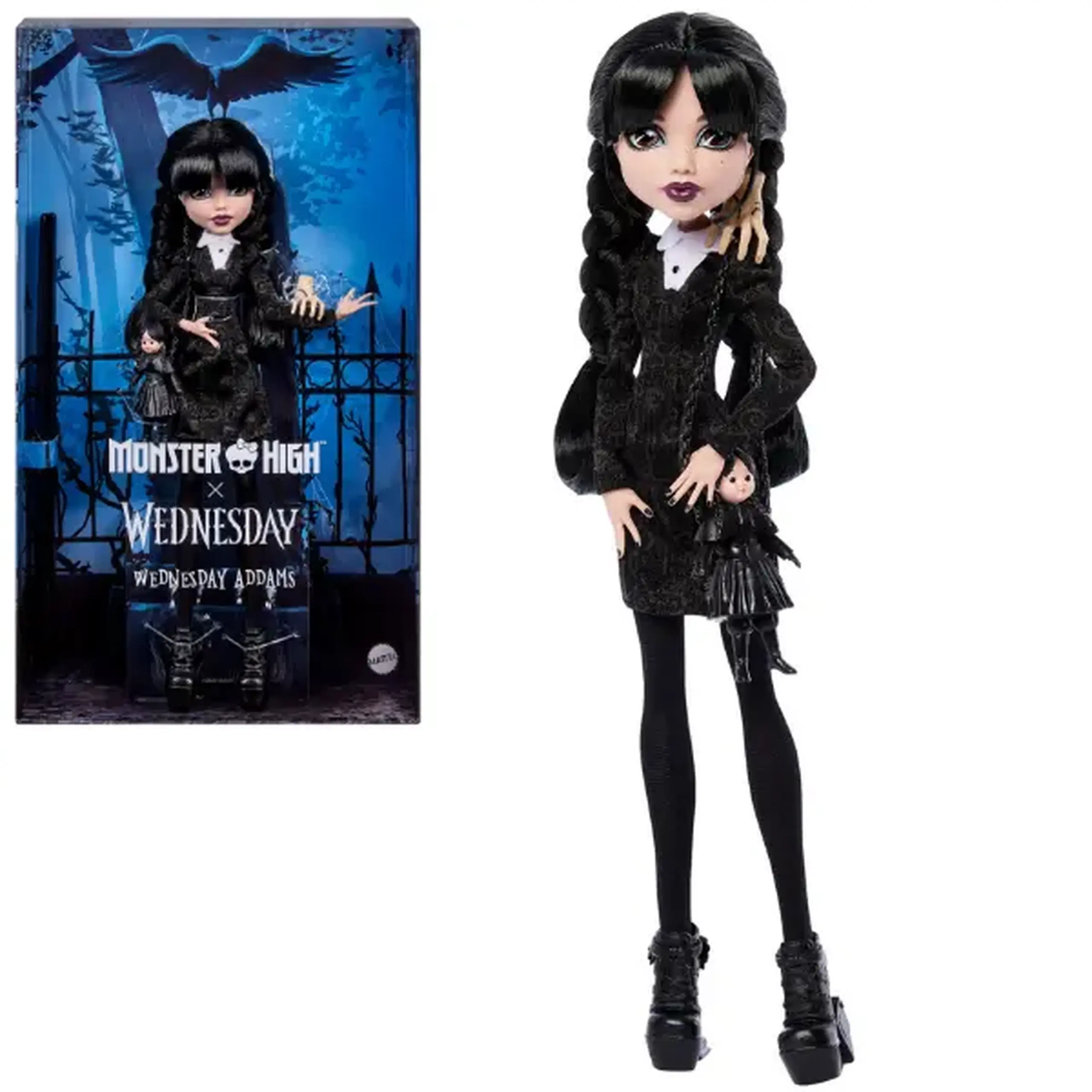 Păpușă de colecție Monster High x Wednesday „Wednesday Addams” cu accesorii, 27 cm