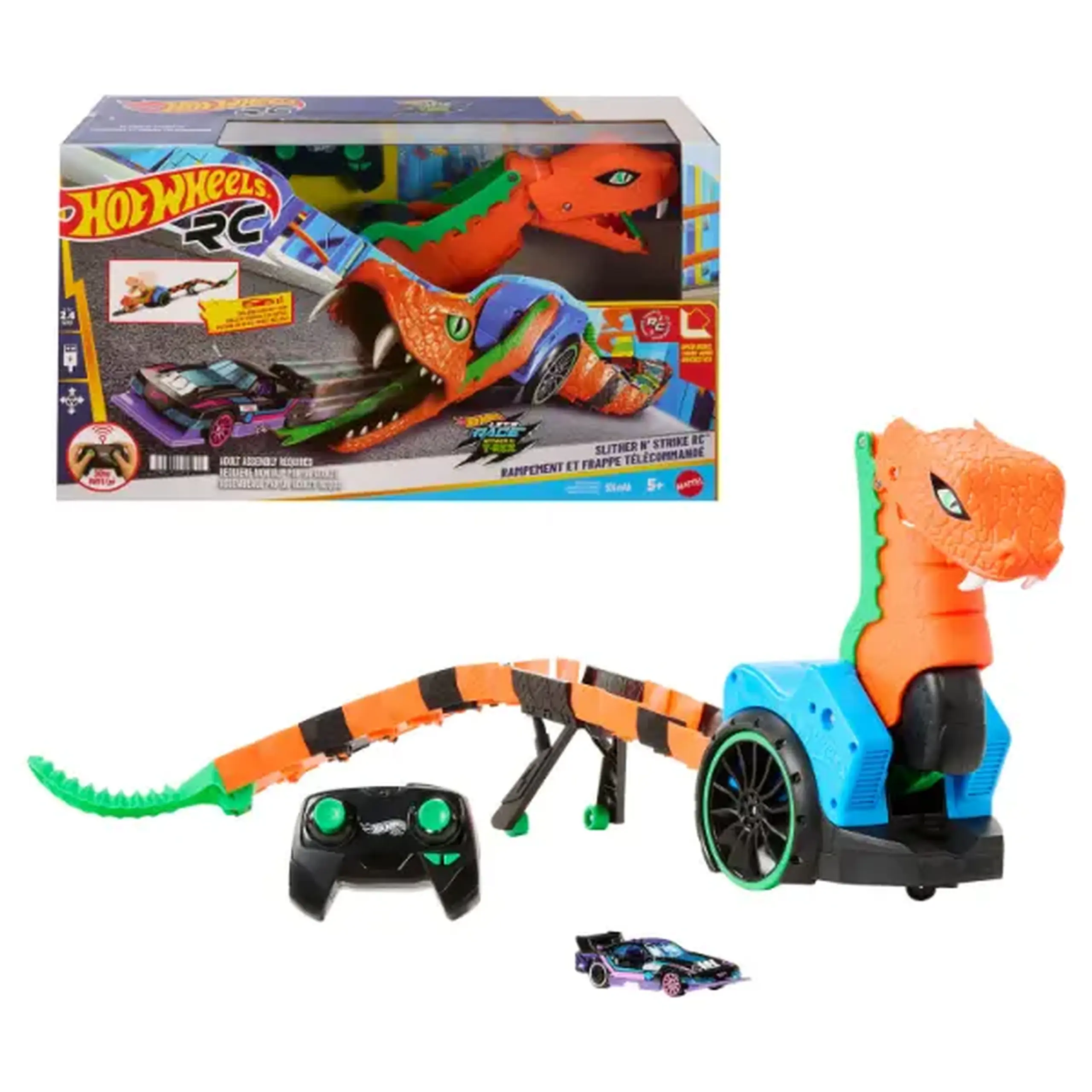 Șarpe cu telecomandă Hot Wheels Let’s Race „Slither ’N Strike” cu mașinuță, 82 cm